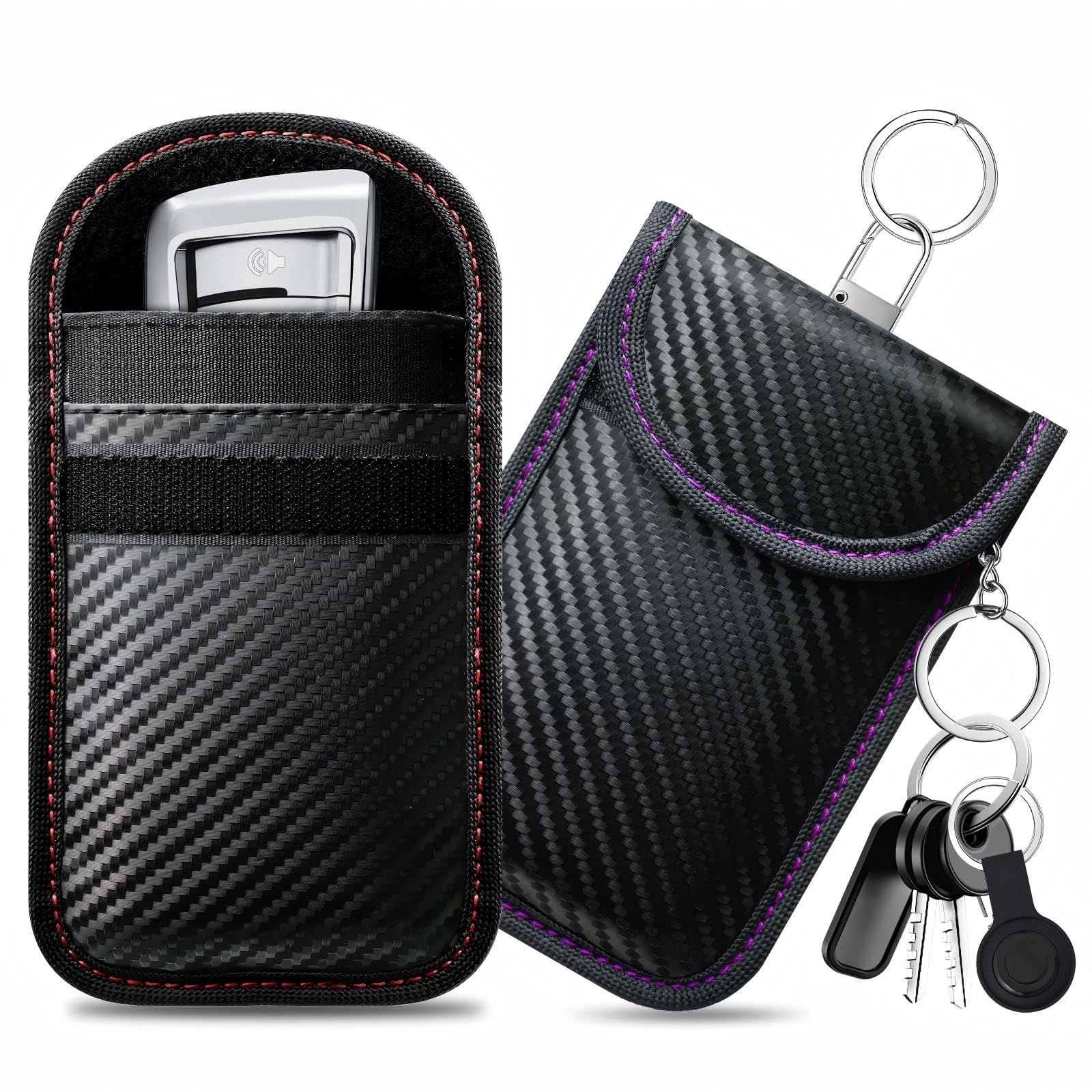 caslord Faraday Pouch for Car Keys, Pack of 2 Anti-Theft RFID Key Fob Protection Bag with 4 Pack Key Rings for Car Security, Keyless Entry Car Keys Case, M, Red and Purple