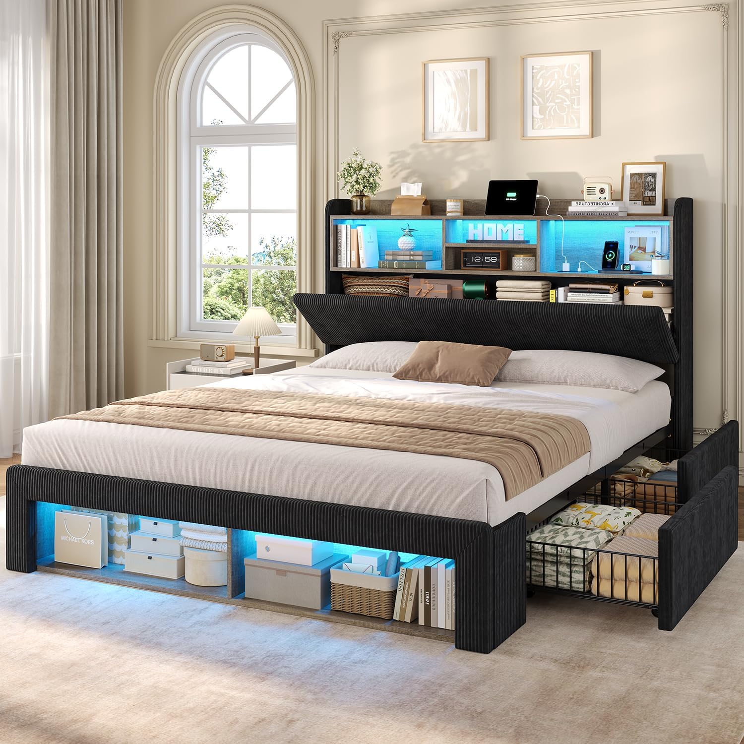 ADORNEVE Queen Bed Frame with 4 Storage Drawers, 2 Footboard Cubbies and RGB Lights, Corduroy Upholstered Platform Bed with Charging Station and Storage Headboard, No Box Spring Needed, Black