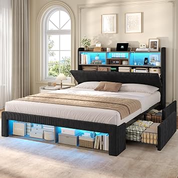 ADORNEVE Queen Bed Frame with 4 Storage Drawers, 2 Footboard Cubbies and RGB Lights, Corduroy Upholstered Platform Bed with Charging Station and Storage Headboard, No Box Spring Needed, Black