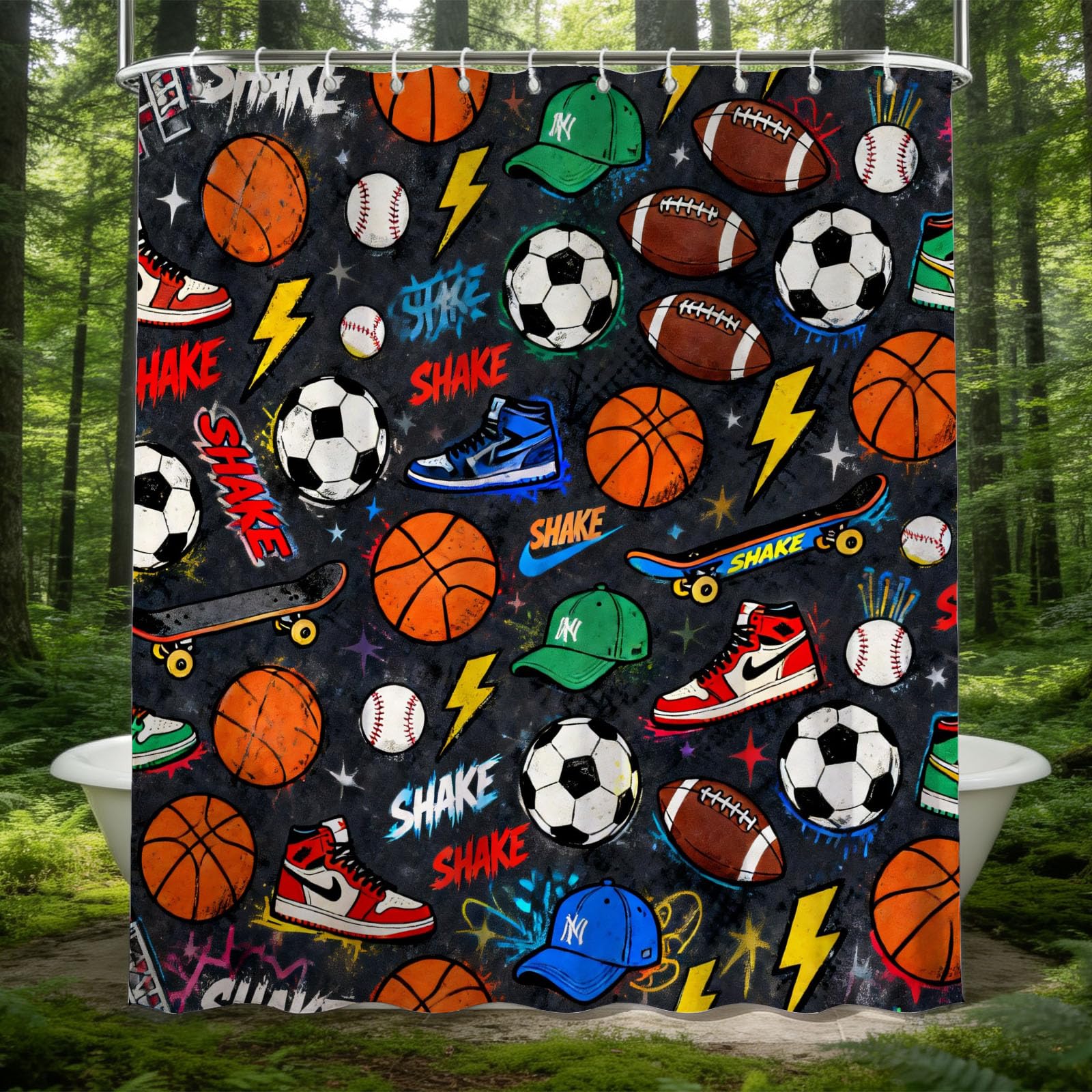 Hongduo White 3D Sports Graffiti Shower Curtain For Stalls Bathtubs Football Printed Bathroom Decor Shower Curtain Set Polyester Fabric Waterproof 180X200cm/71X79 Inch With Hooks