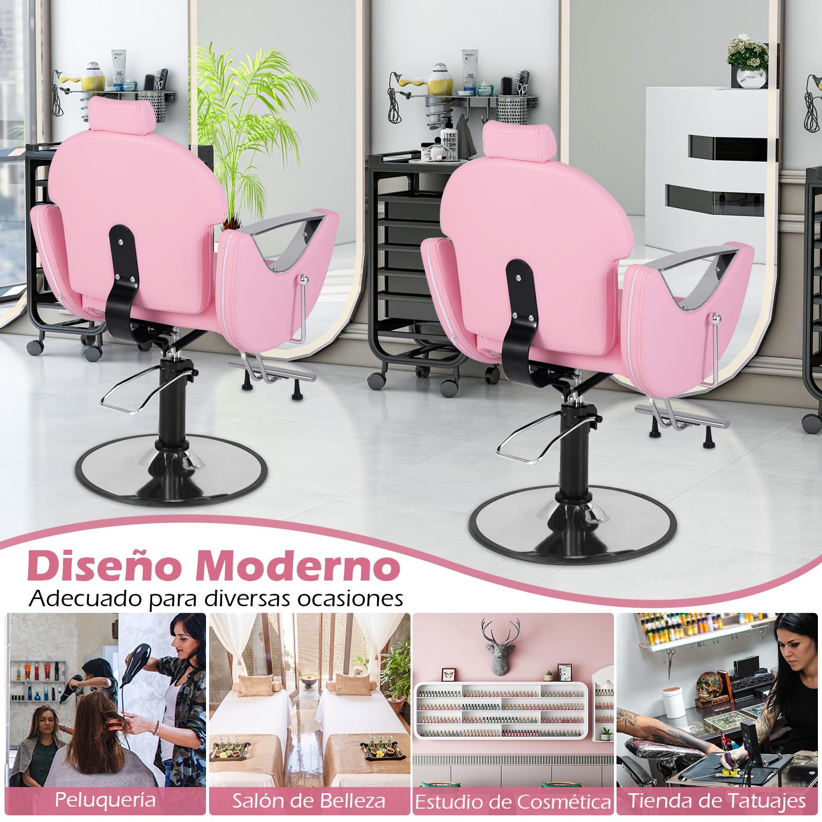 COSTWAY Silla de Peluquería Reclinable, Silla de Barbero Ajustable en Altura y 360°Giro, con Bomba Hidráulica, Esponja Densa y Base Metálica Estable, Ideal para Peluquería, Tatuajes y SPA (Rosa)