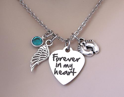 Miniatura 2 de Miscarriage"Forever In My Heart" Necklace With Angel Wing, Baby Feet and Birthstone, Child Loss Memorial Necklace