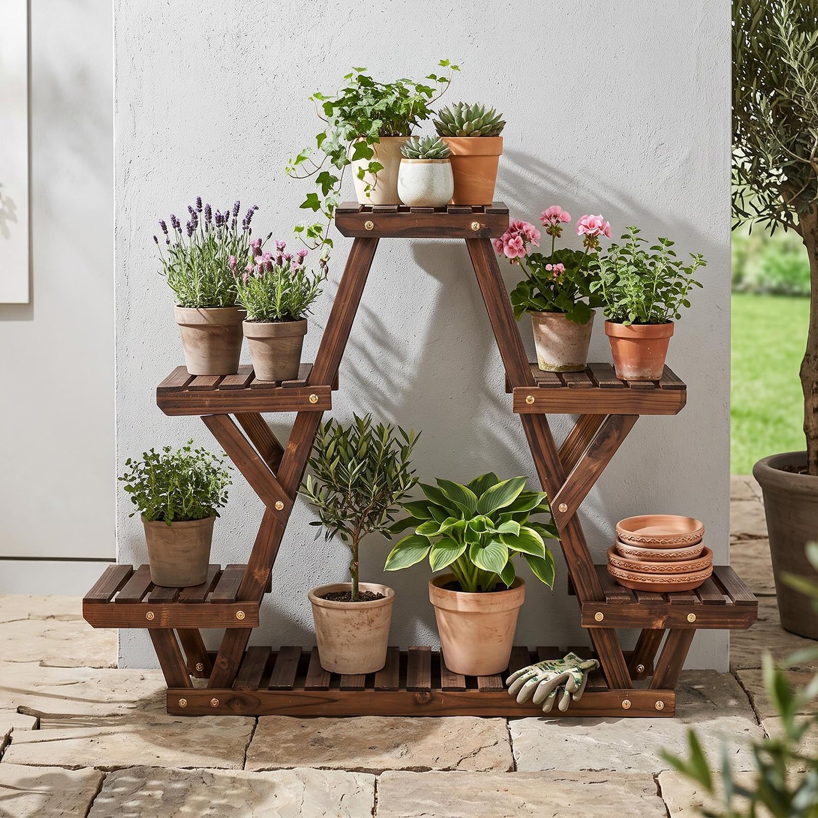 COSTWAY Étagère à Fleurs 4 Niveaux en Bois, Porte-Plantes