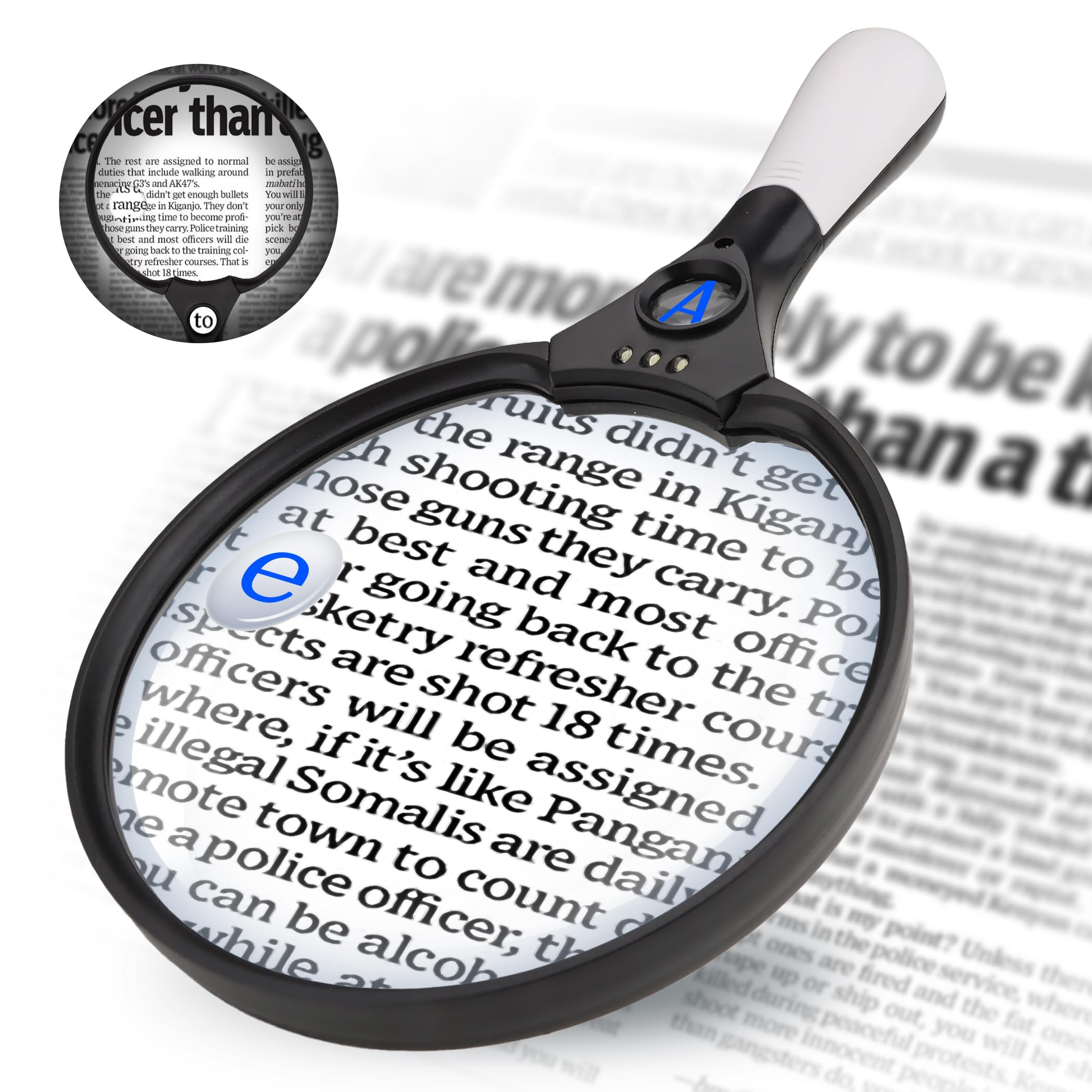 Large Magnifying Glass with Light, 5.5inch Handheld Illuminated Lighted Magnifier with 3 LED Lights for Seniors Reading, Inspection Coins, Jewelry, Exploring (Black)