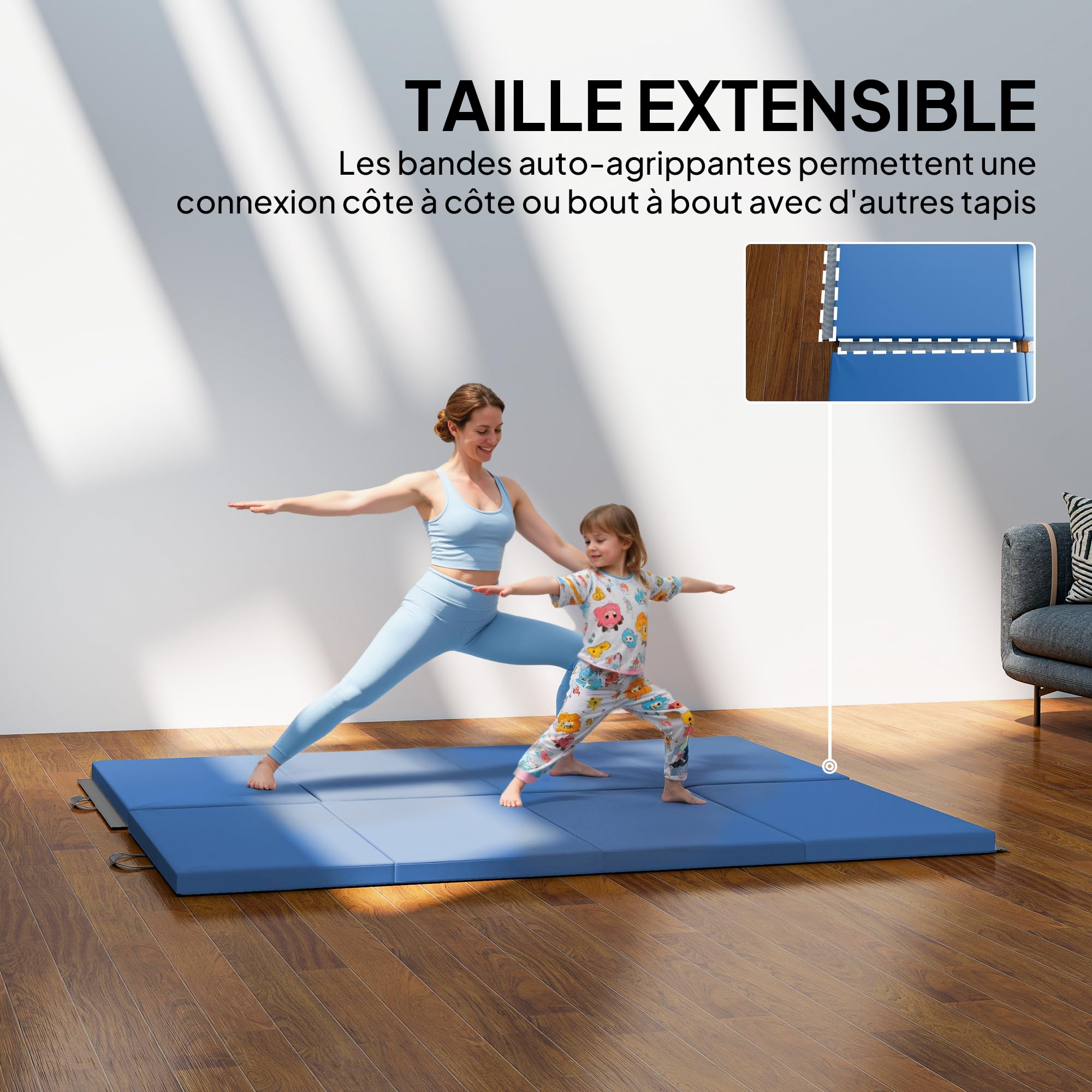 HOMCOM Tapis de gymnastique pliable, tapis gymnastique épais, avec poignée, tapis de sol pour yoga, mma, sport, fitness, pilates, revêtement synthétique, bleu clair