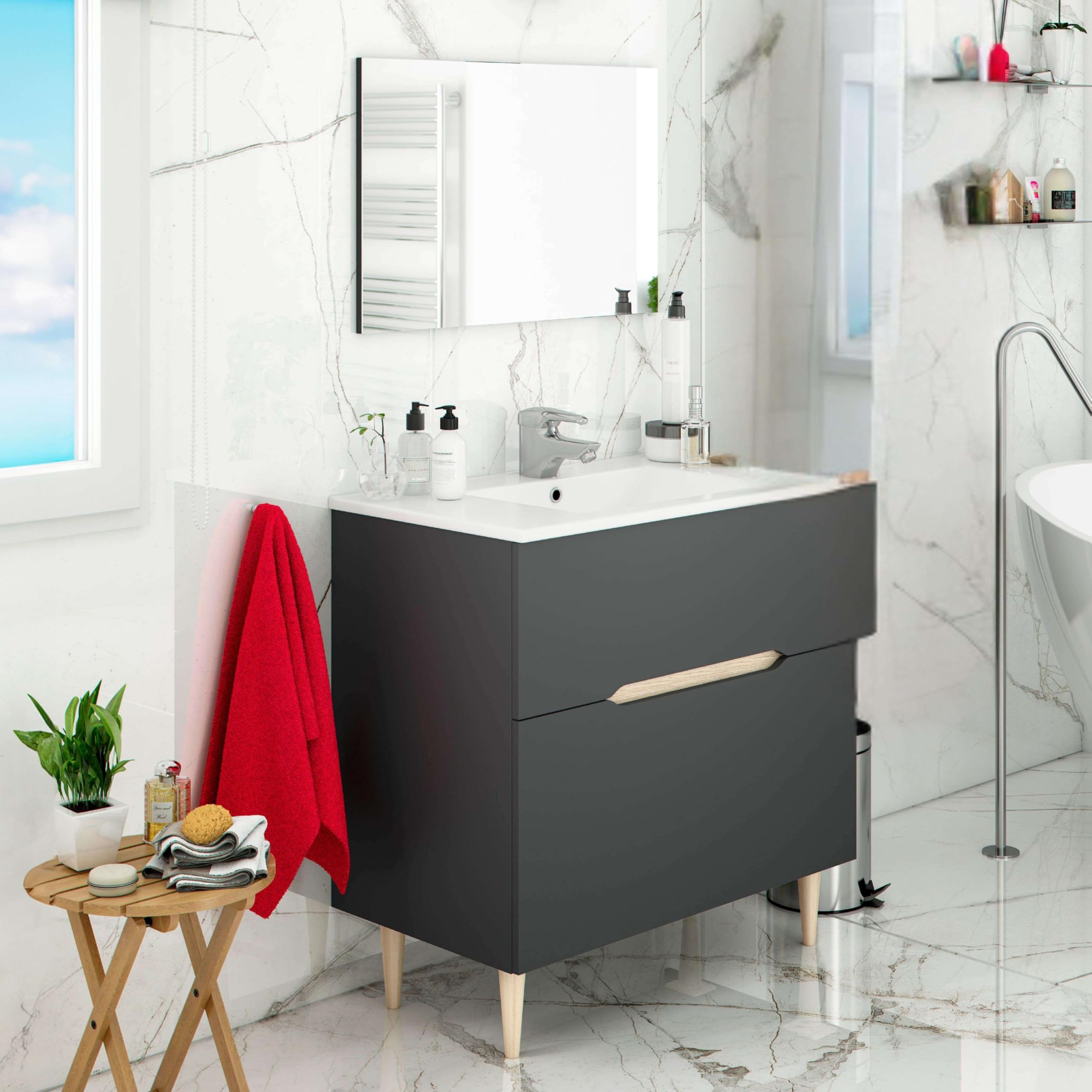 Miroytengo Mueble de Baño con Espejo y Lavabo Lotto Color Gris Antracita y Roble Claro 80x45x80 cm