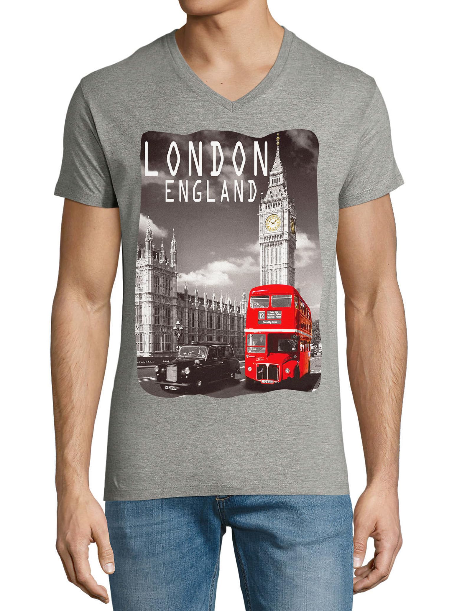 T-shirt Big Ben Red Bus homme coton gris col V imprimé Angleterre