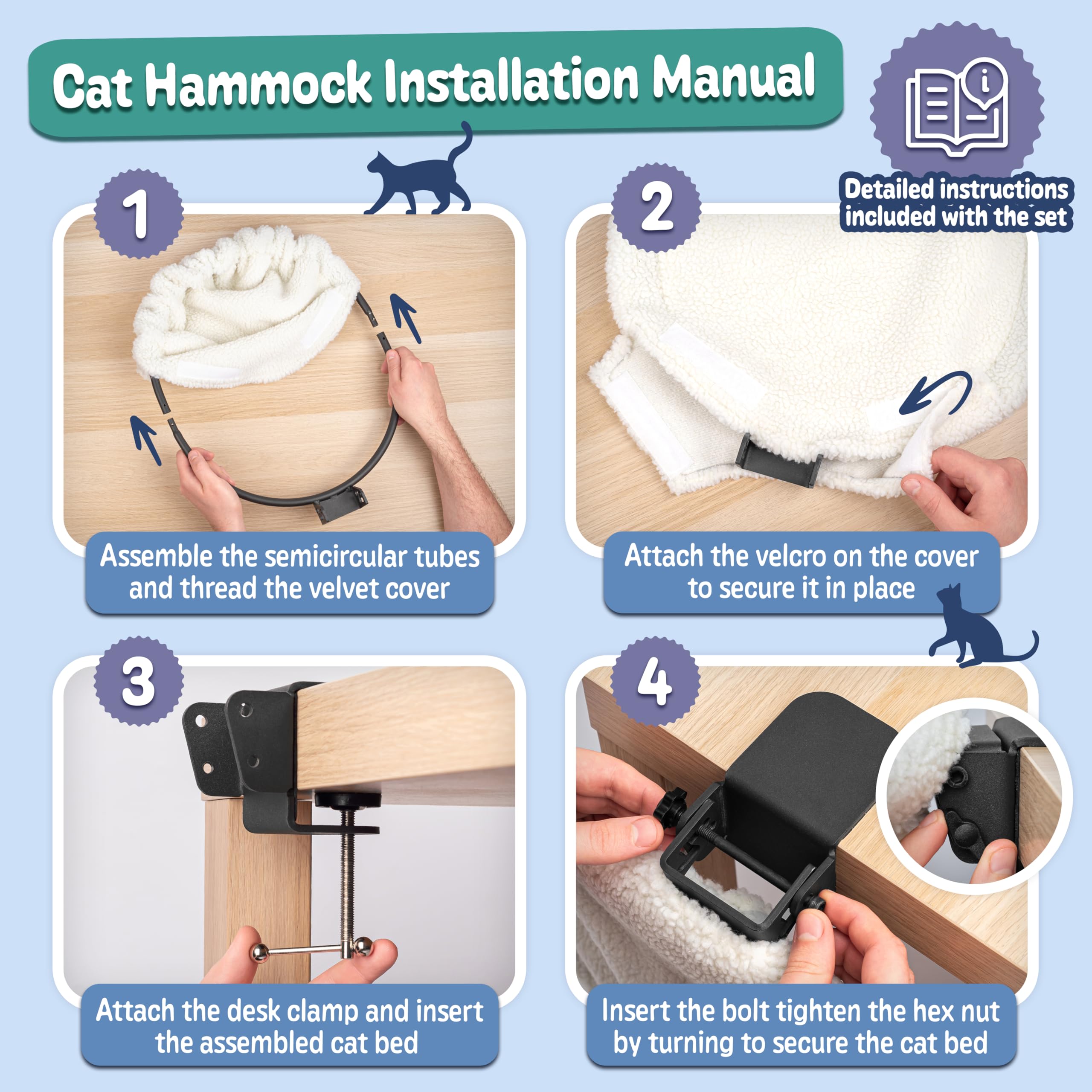 Hamac de bureau pour chat, cadre en acier, pliable, lavable, en félin, plateau de travail, lit d'étagère, parfait bureau rond doux