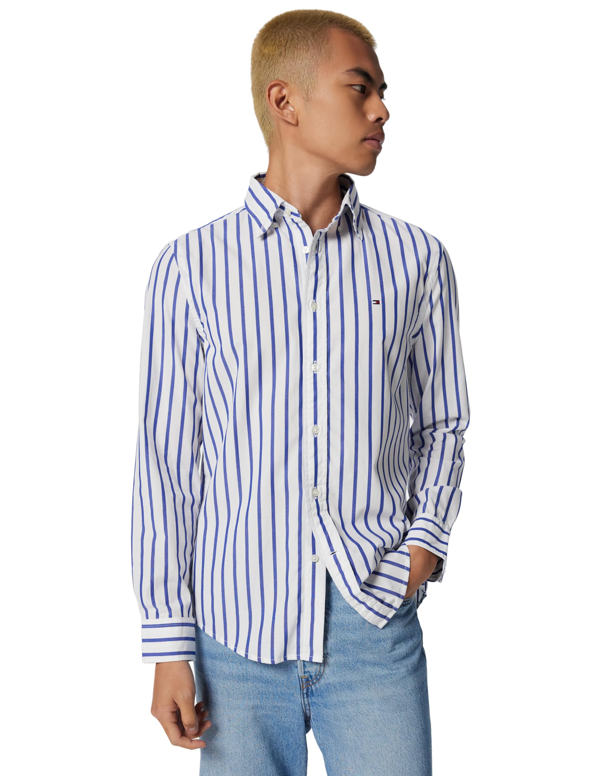 Tommy Hilfiger Herren Hemd Flex Poplin Nautical aus Baumwolle, Mehrfarbig (Wedge Blue/Optic White), M