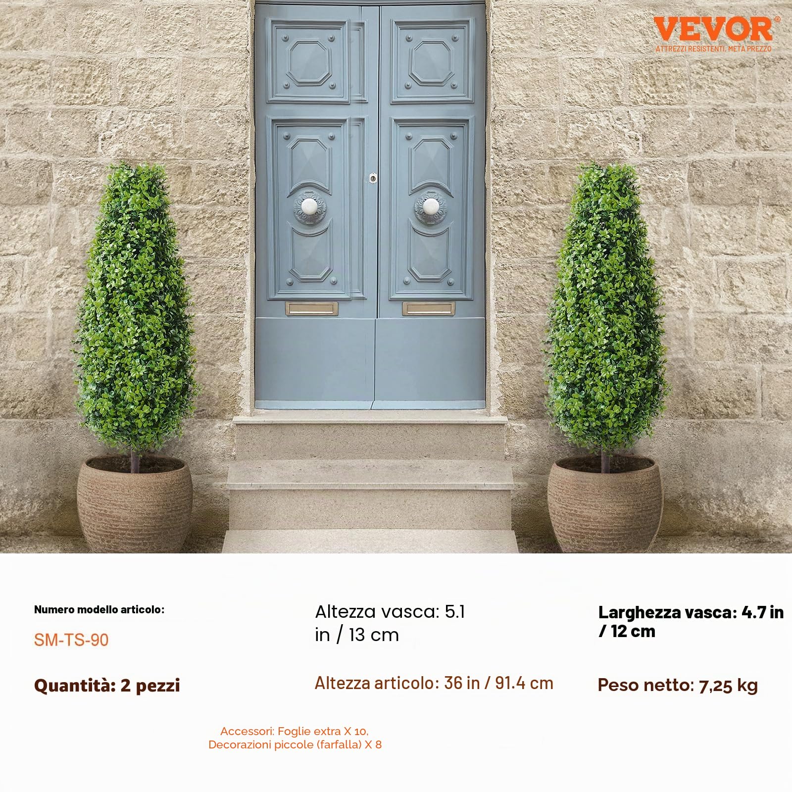 VEVOR Albero di Bosso Artificiale Topiario, 91,4 cm Altezza, 2 Pezzi, Alberi di Bosso Finti, Pianta Artificiale Verde con Foglie, Vaso, Decorazione, Set di Verde con Protezione UV per Arredamento
