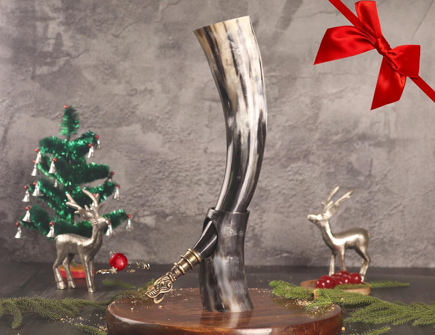 Viking Drinking Horn XL with Brass Fenrir Wolf Tip | Handcrafted Natural Ox Horn | Food Safe Polished Finish | Unique Norse Viking Gift for Men & Women | Medieval Mead