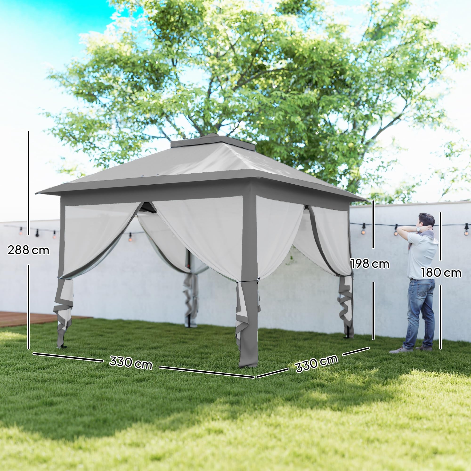 Outsunny Gazebo Pop Up 3.3x3.3 m Regolabile in Altezza su 3 Livelli con Zanzariere, Gazebo da Esterno con Tetto Doppio, Pannelli Laterali e Borsa da Trasporto in Metallo e Tessuto Oxford, Grigio
