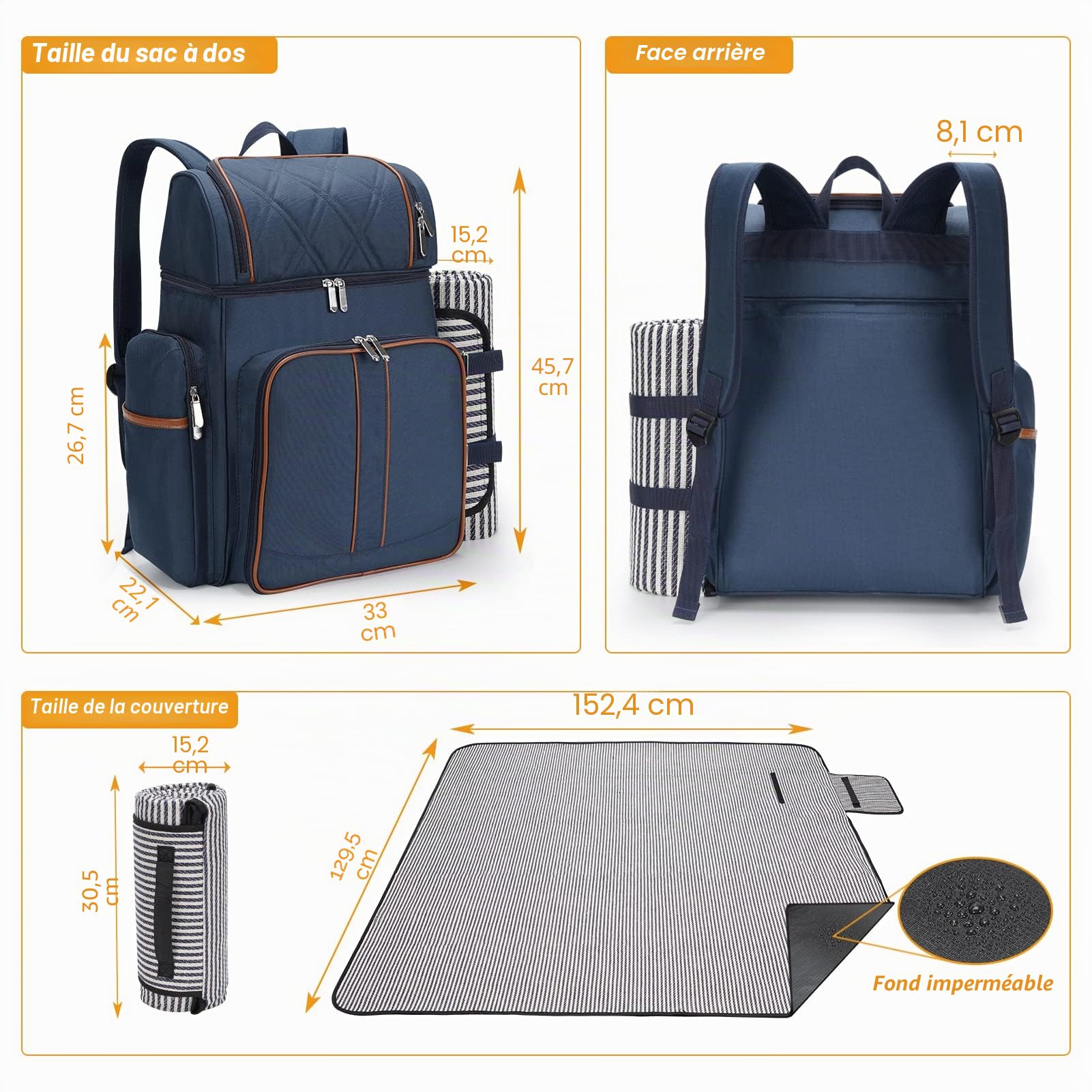 Sac à dos de pique-nique pour 4 personnes - Panier de pique-nique étanche - Sac à dos isotherme avec pochette isotherme pour vin - Couverture de pique-nique à double étage - Pour la plage, le camping
