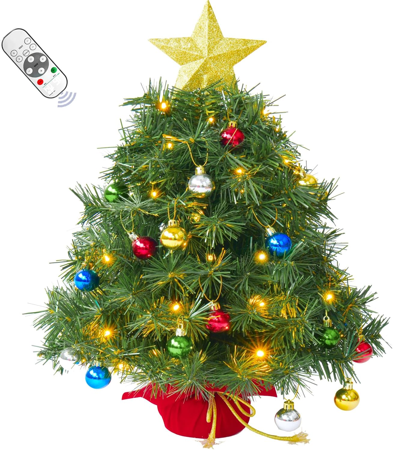 2FT Pre-lit Artificial Small Mini Christmas Tree with Warm White Multi-Color LED Lights, Remote Control and Timer, Perfect for Xmas Tabletop Decorations, Home, Kitchen, Dining Table top Balls PVC Battery Operated Lights 2ft