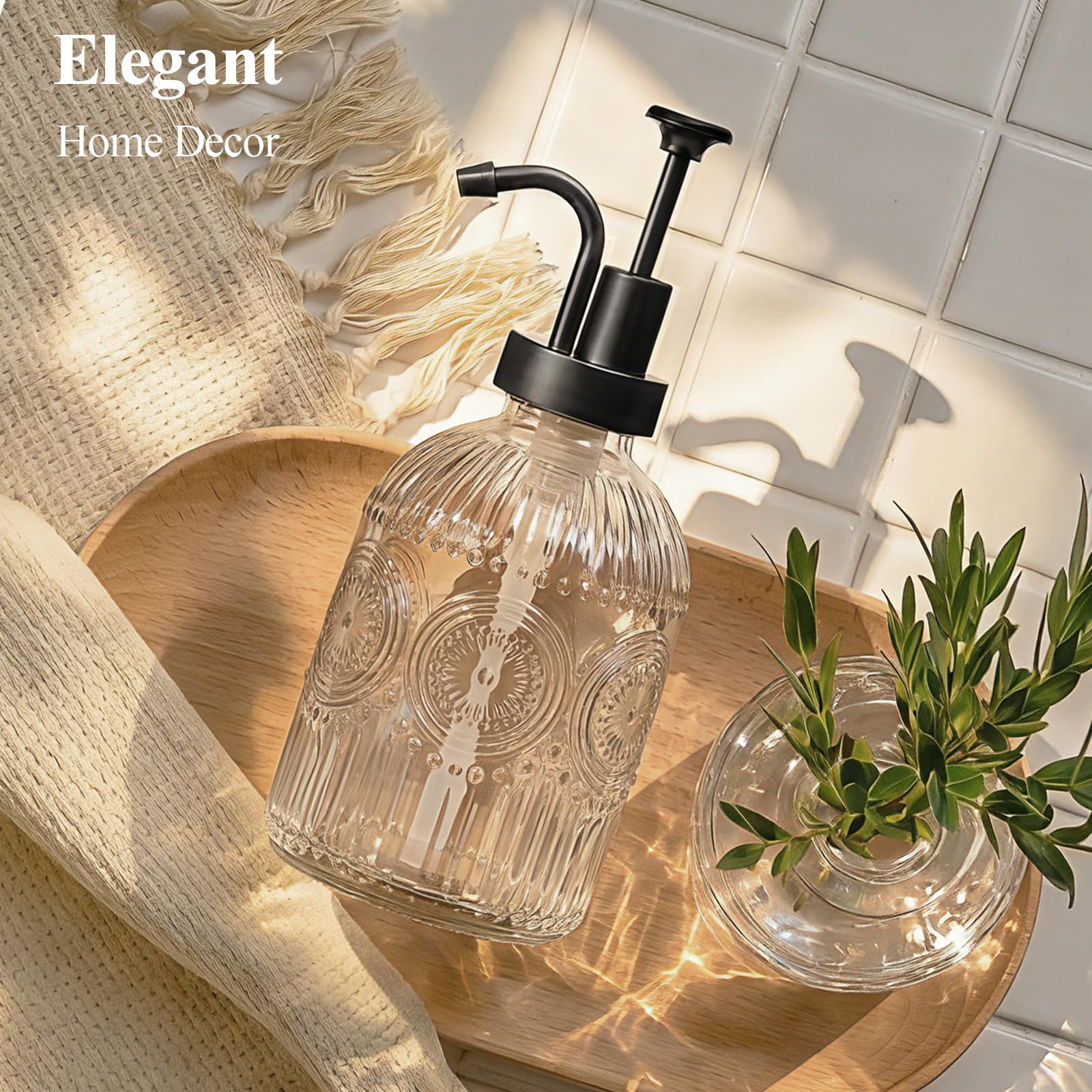 SheeChung 12Oz Vintage Glass Bathroom Soap Dispenser, Kitchen Dish Soap Dispenser with Pump, Refillable Liquid Hand Soap Bottle, Lotion, Antique Rustic Farmhouse Decor (Clear-Black Pump, 1 Pack) - 3