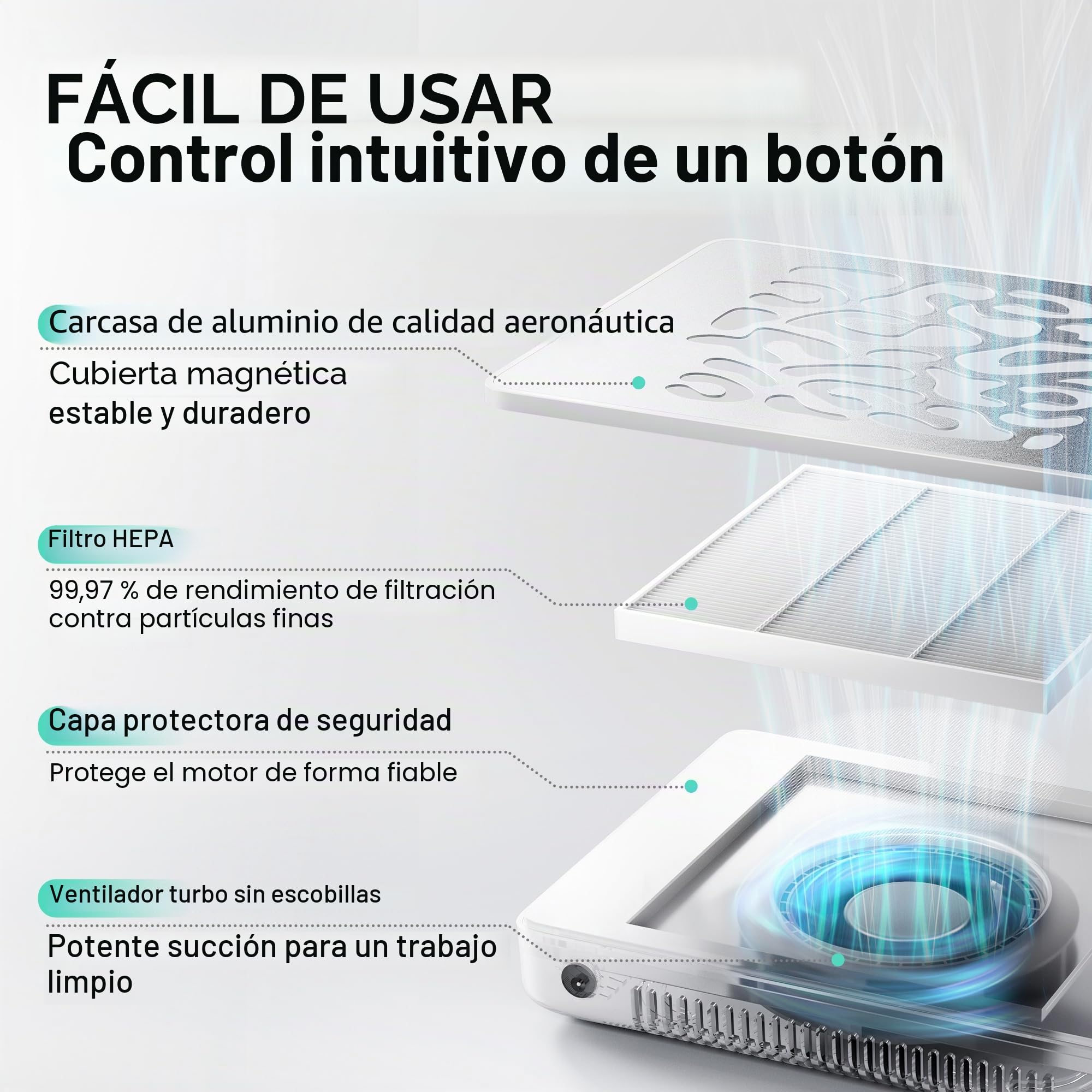 L'UGX 608S - Aspirador profesional de polvo para uñas, 650 Pa, 4500 rpm, motor sin escobillas, silencioso, para manicura y pedicura, incluye 30 papeles de filtro