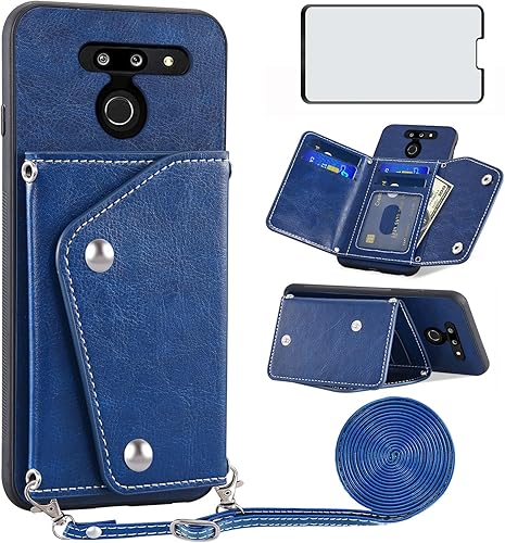 Asuwish Funda de teléfono para LG G8 ThinQ Funda tipo cartera con protector de pantalla y soporte para tarjeta de crédito, correa cruzada, soporte