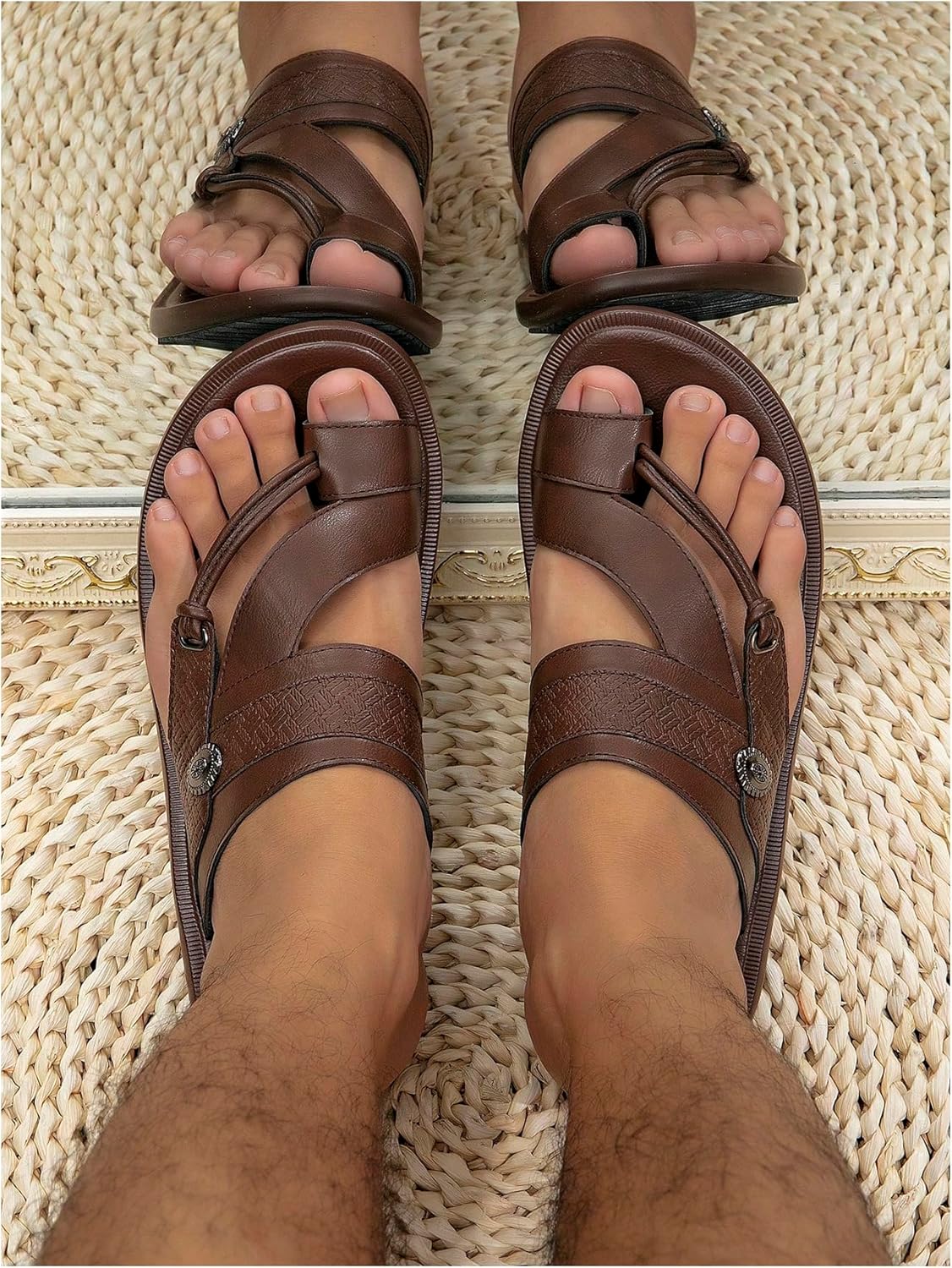 Verdusa Men's Ring Toe Flat Sandals Braided Slip on Vacation Leather Slippers - Image 3