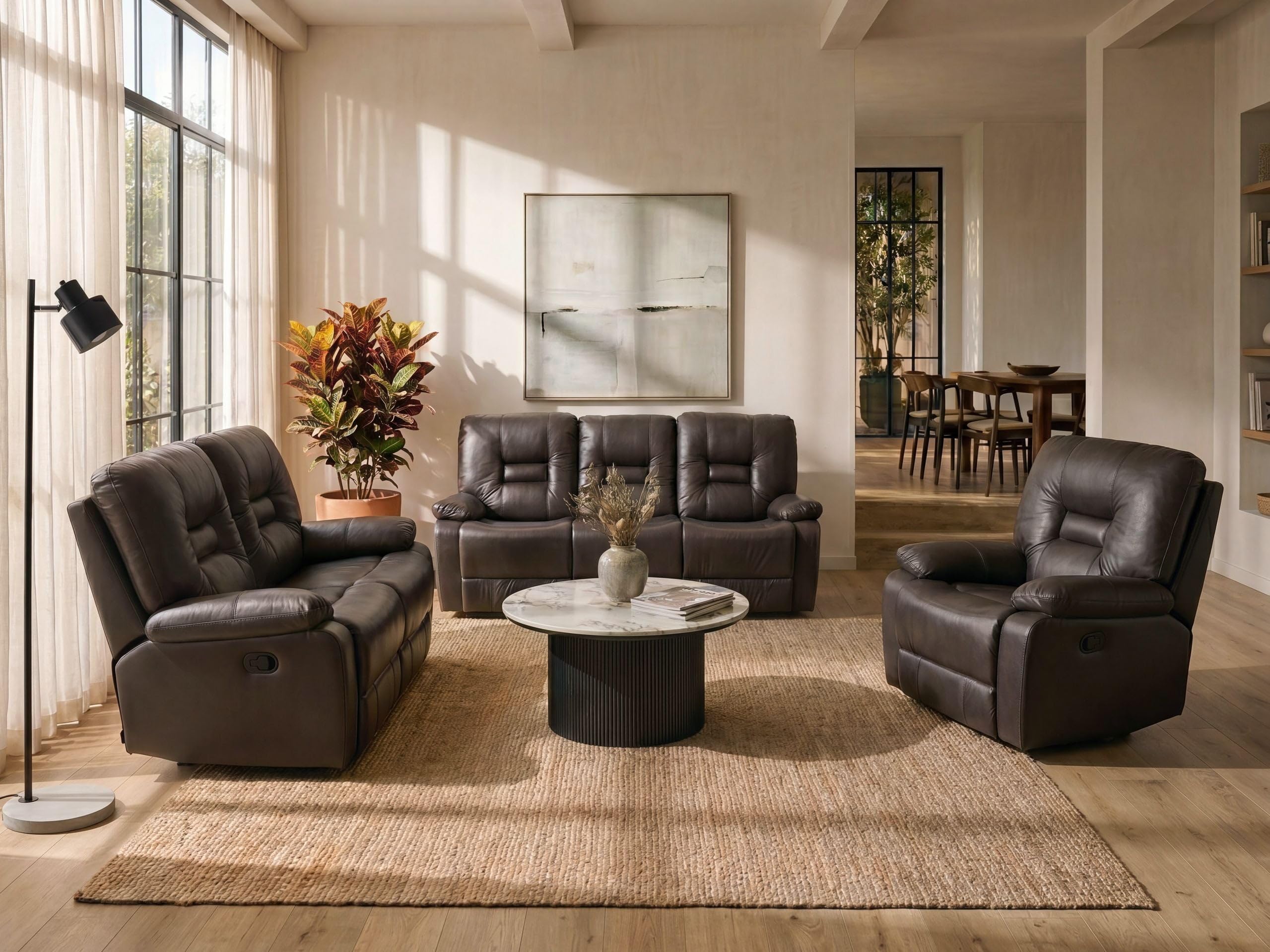 Ensemble Salon 6 Personnes 2 Canapés et Fauteuil en Cuir PU Marron avec Dossiers Réglables et Repose-pieds Confort et Design Beliani
