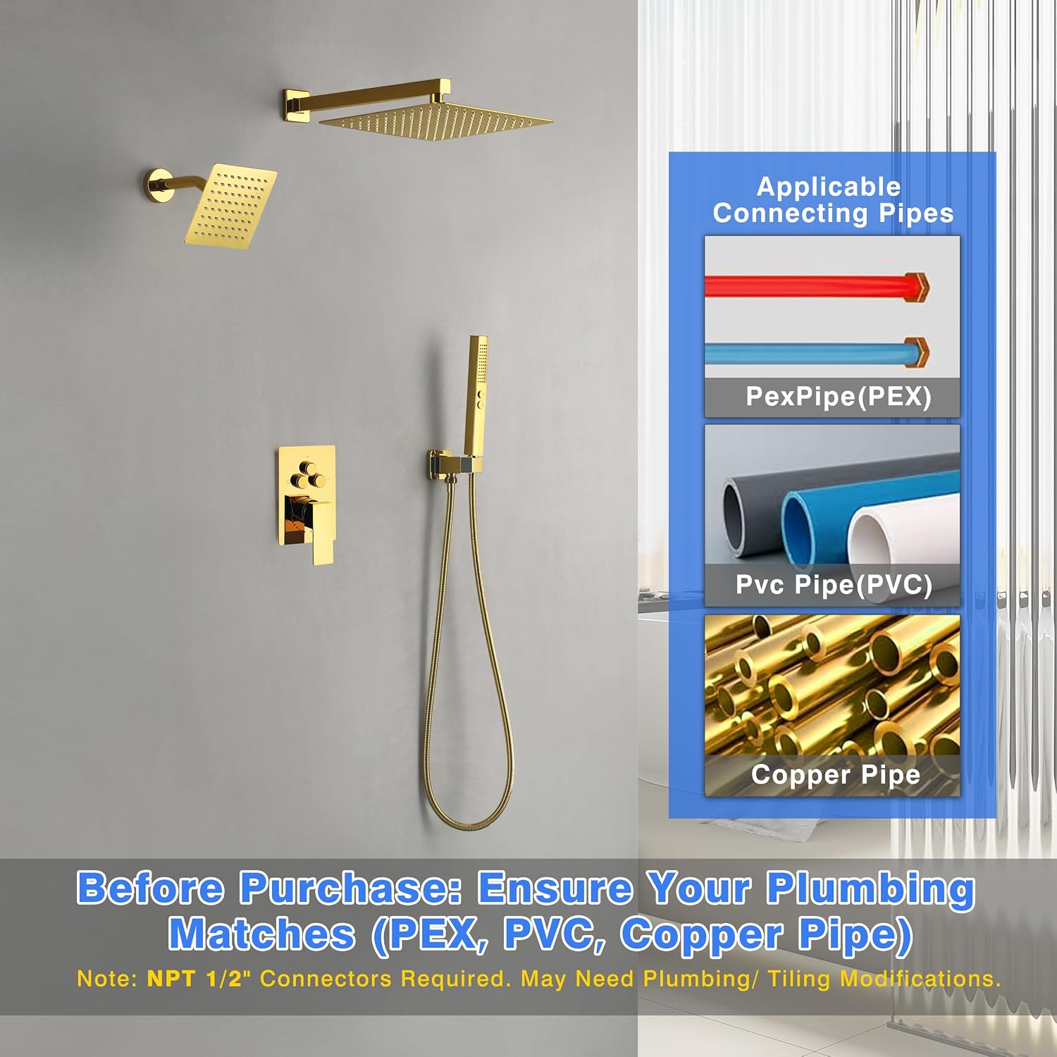 Luxury Digital Temperature Display Wall Mount Shower System, Push Button Diverter with Pressure Balance Valve, 12” & 6” Dual Rainfall Shower Heads, Metal Handheld Shower Combo Set, Polished Gold image 5