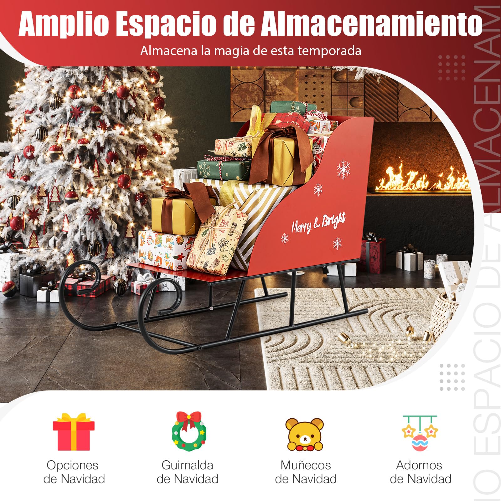 GOPLUS Trineo de Navidad de Metal, Trineo Decorativo de Papá Noel con Almacenamiento de 2 Niveles, Decoración Navideña para Hogar, Oficina, Eventos Festivos, Celebraciones (73,5 x 31 x 50,5 cm)