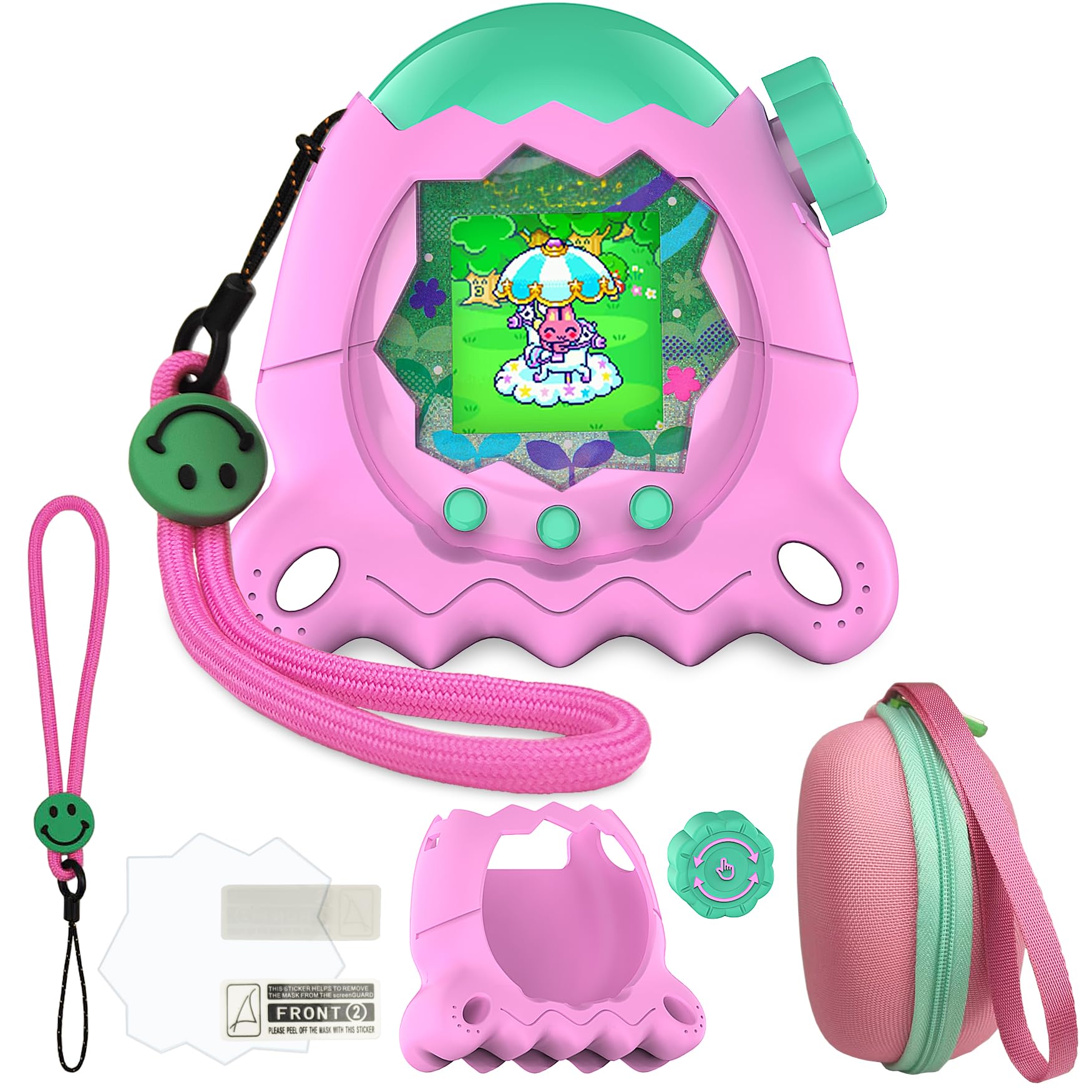 JCHPINE Protective Cases for Tamagotchi Paradise Electronic Pet, Hard Case and Silicone Cover for Tamagotchi Paradise Pet with Screen Protector and Lanyard (Pink)