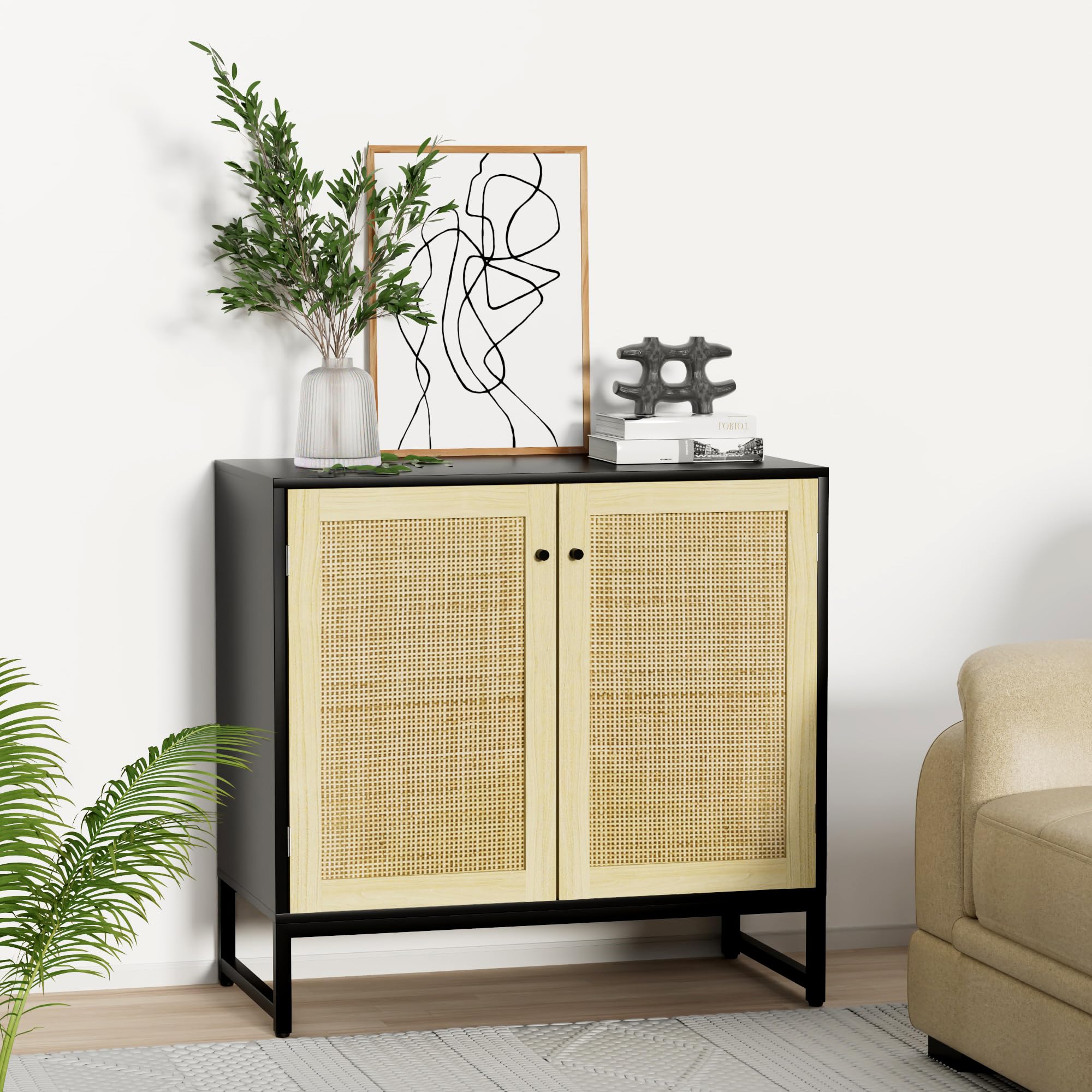 Amazon.com: HQZX 藤製櫥櫃、餐具櫃、附儲物櫃、木質裝飾櫃、控制台櫃