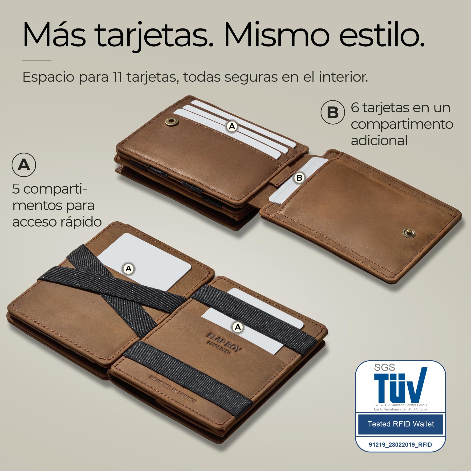 Jaimie Jacobs Flap Boy XL Magic Wallet con Bolsillo Monedero Cartera con protección RFID y Espacio para 13 Tarjetas (Cuero de búfalo marrón Oscuro)