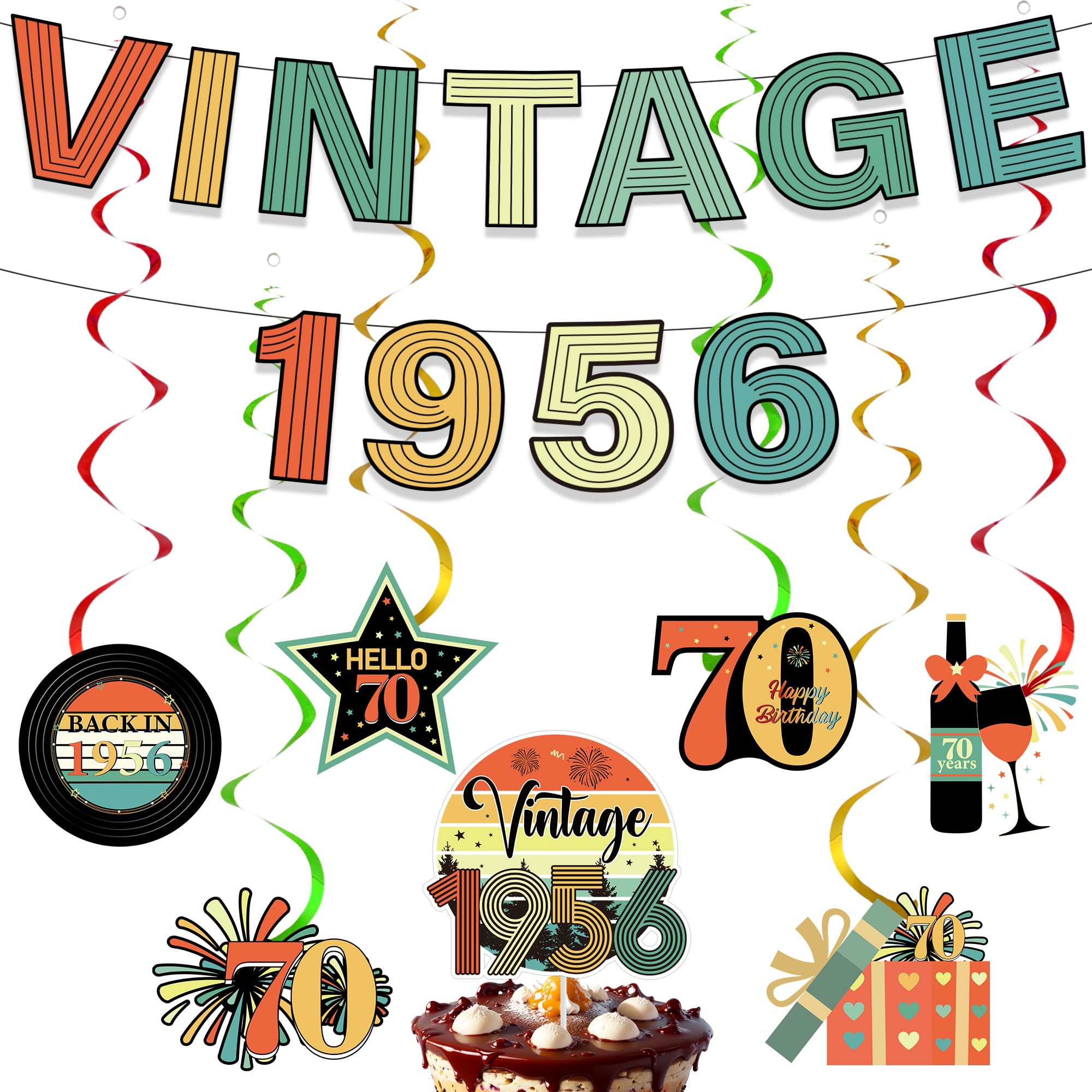 70th Birthday Decorations Men Women - 9 Pcs Retro Theme Vintage 1956 Banner Happy 70 Bday Colorful Hanging Swirls Cake Topper Party Supplies for Seventy Year Old Milestone Celebration Decor