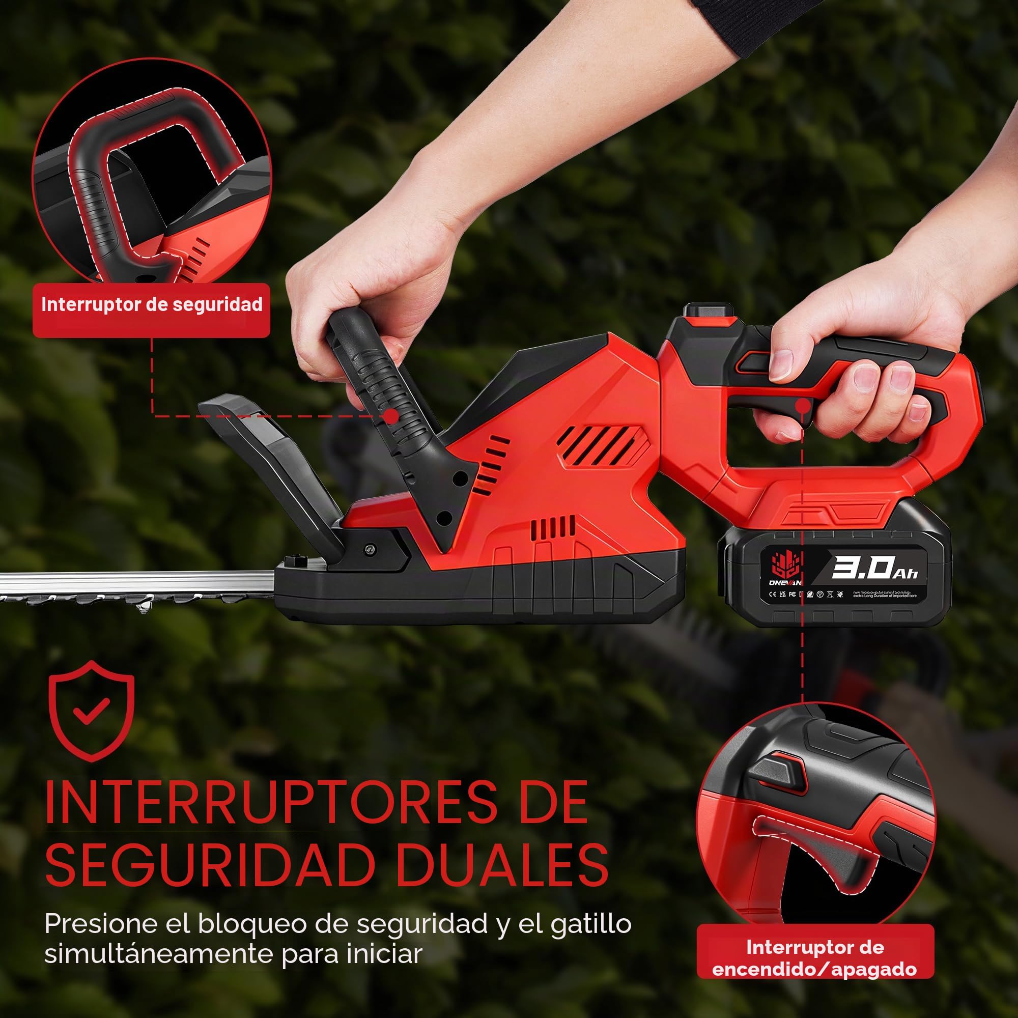 ONEVAN Cortasetos con batería con cabezal giratorio de 180°, hoja SK5 de 52 cm, corte de ramas de 16 mm, cortasetos eléctrico grande, con baterías de 2 x 3,0 Ah, gafas de protección y guantes
