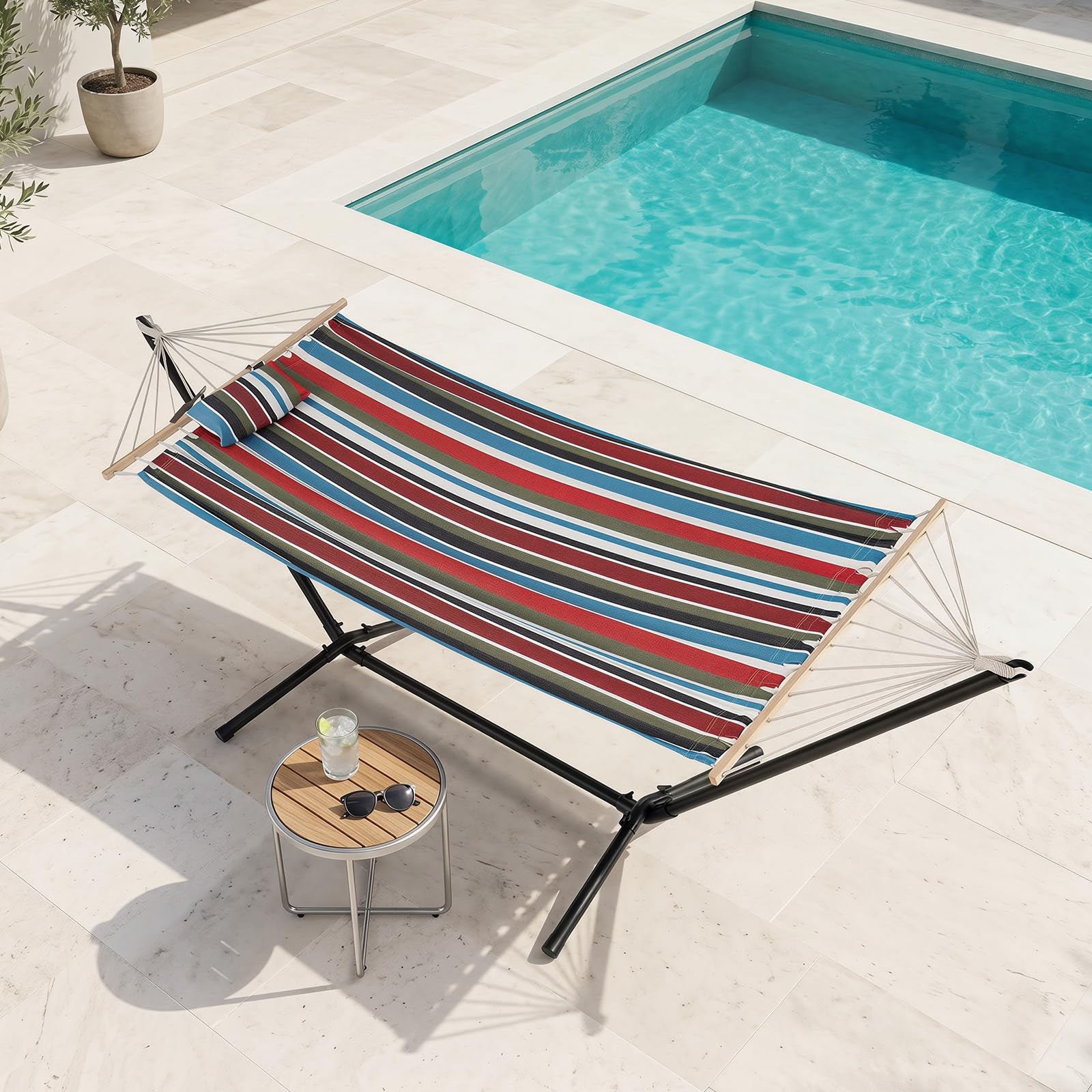 COSTWAY Amaca da Giardino con Supporto in Metallo, con Cuscino Rimovibile | Amaca da Esterno Portatile in Telo Cotone con Borsa, 200 kg, per Spiaggia, Campeggio e Terrazza