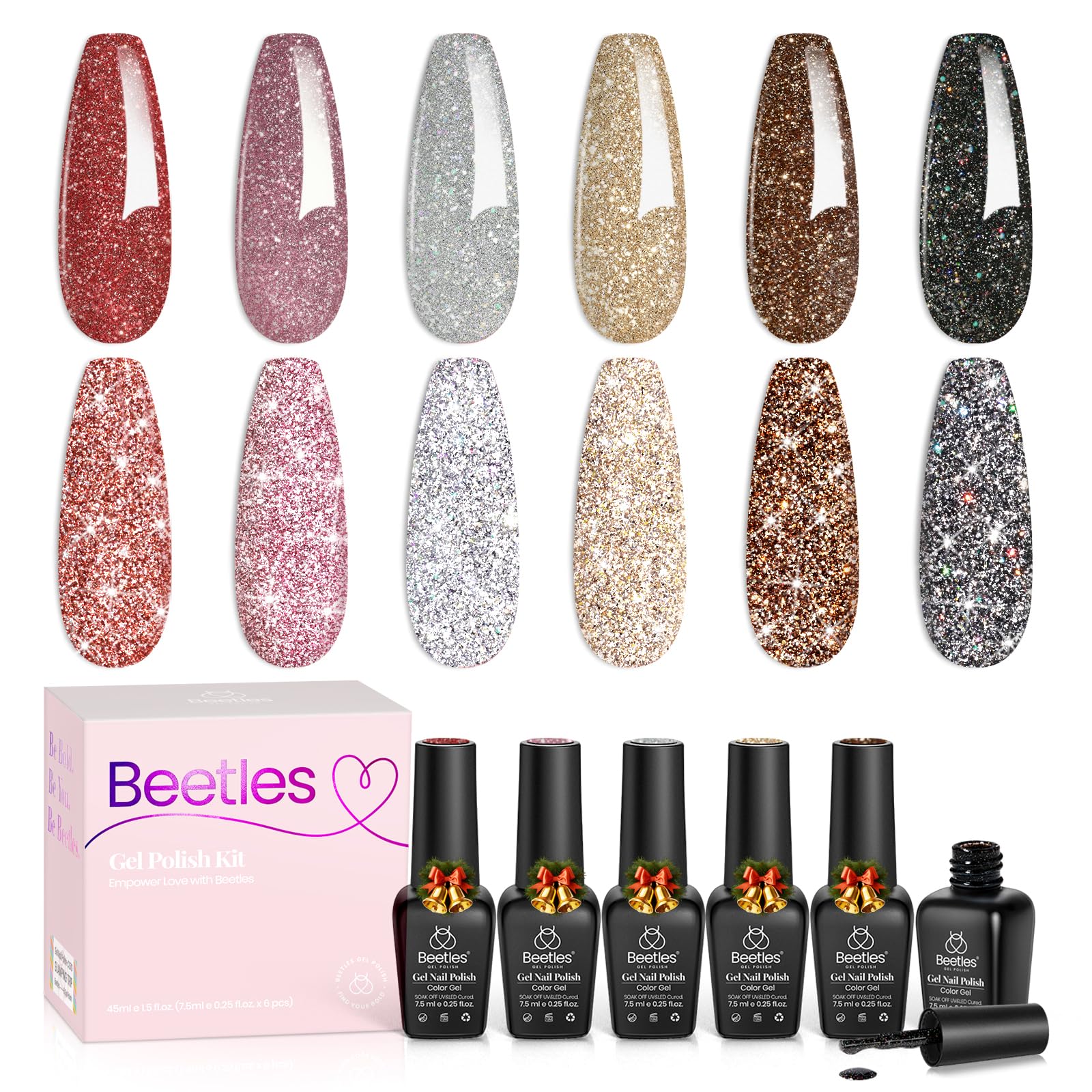 Beetles Glitter Gel Nail Polish, 6 Colors Holographic Sparkle Glitter Winter Gel Polish Flash Diamond Sliver Gold Red Black UV LED Soak Off Manicure Gift for Women