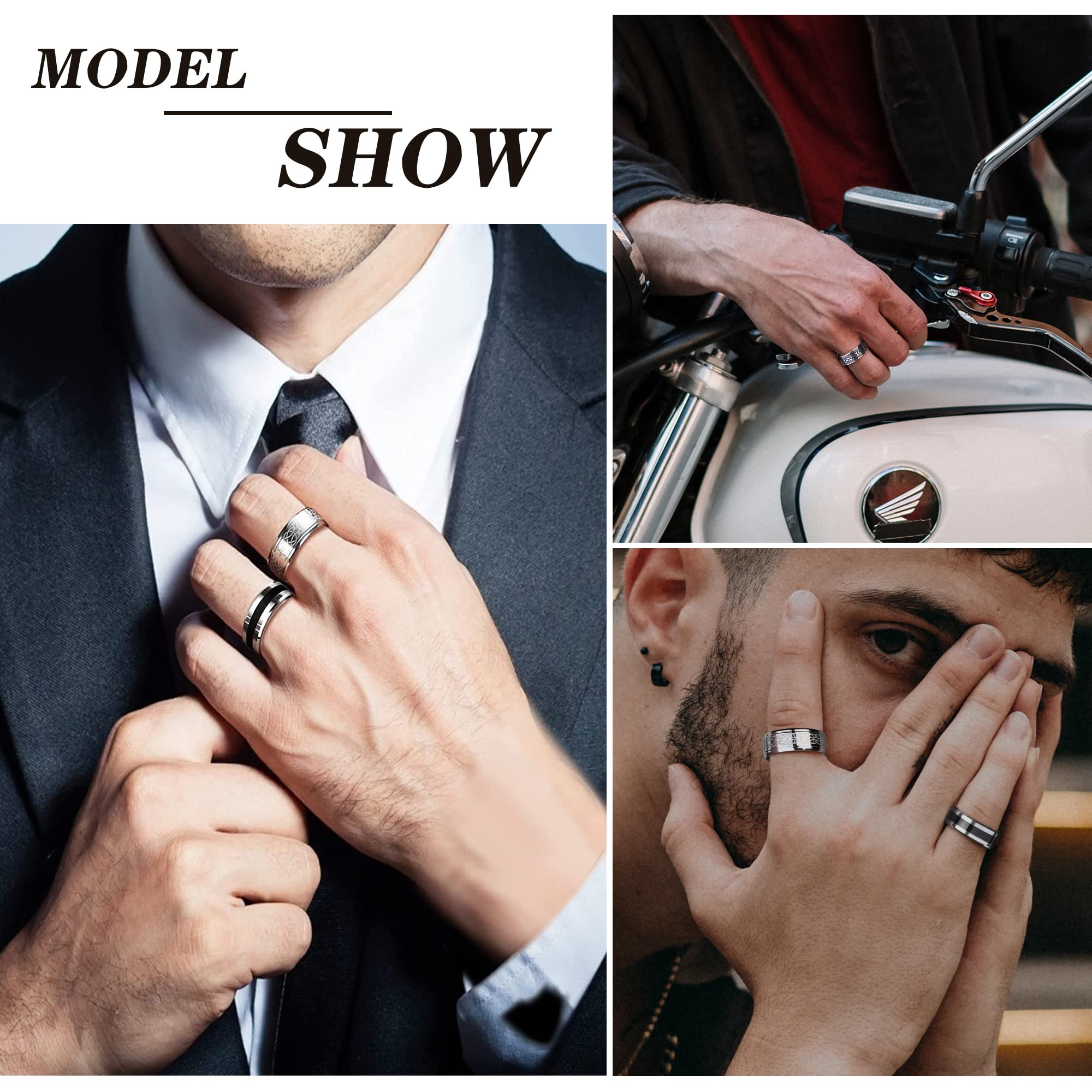 JeweBella 7-częściowy Sygnet męski ze stali nierdzewnej matowy srebrny polerowany Celtycki węzeł Vintage Biker Ring Duży klasyczny czarny męski zestaw Gothic Grawerowanie Sygnet dla mężczyzn