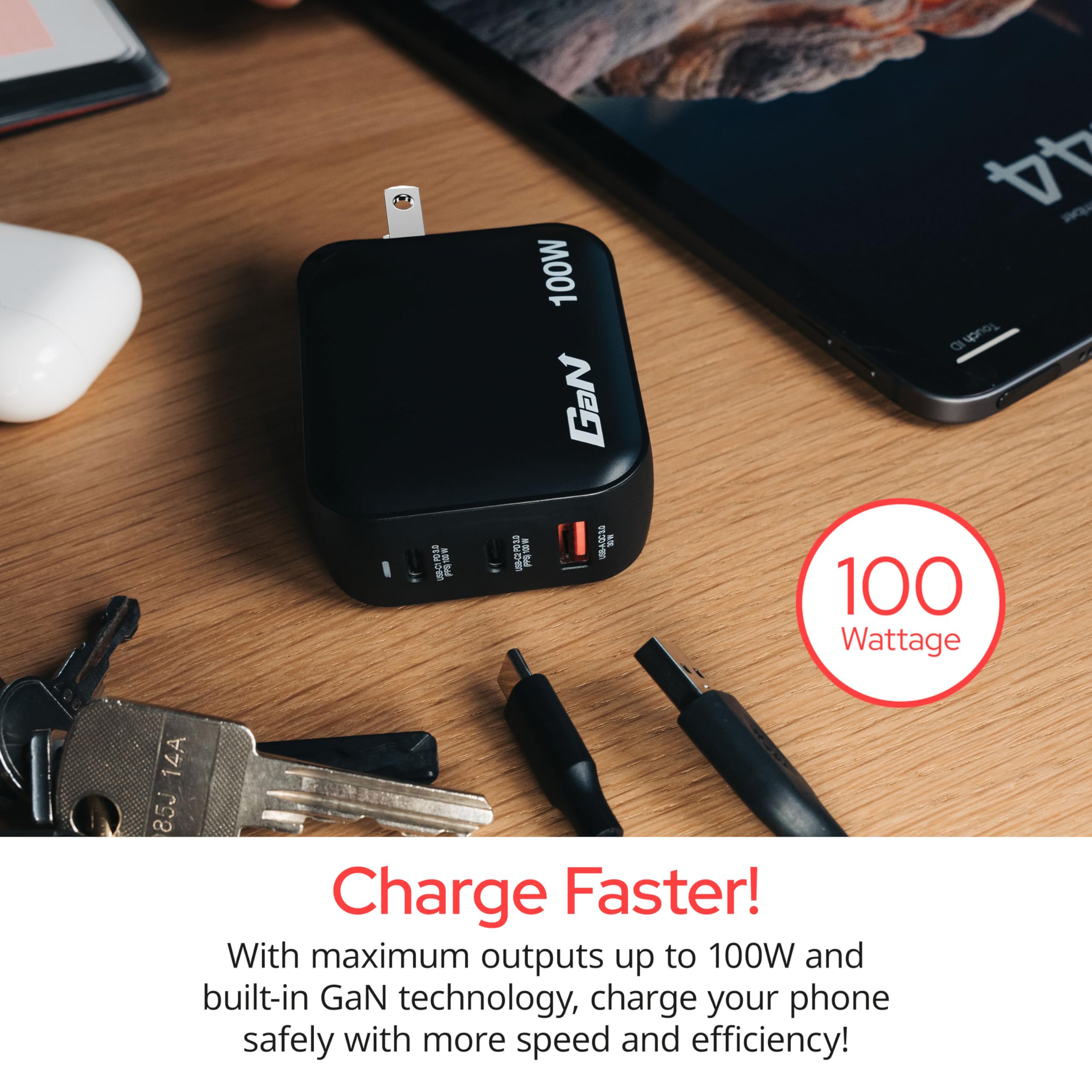 Verbatim Mini GaN Charger ładowarka 100 W, 3 porty USB-C ładowarka, adapter 2 x USB-C i 1 x USB-A, szybka ładowarka z wieloma wtyczkami, Apple MacBook, notebook, iPad, iPhone, Samsung i Co, do UE, UK,