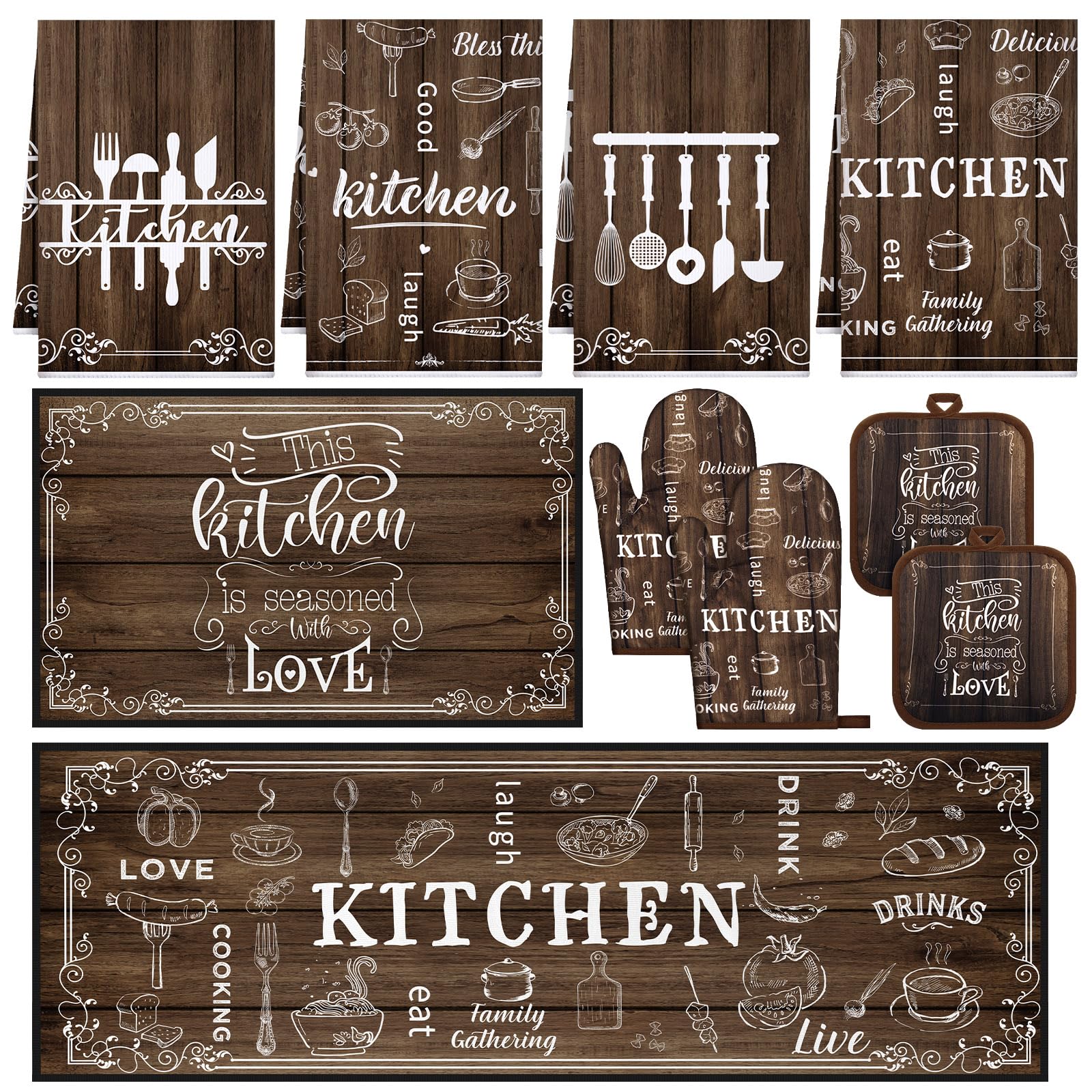 Photo 1 of 10 Pcs Farmhouse Kitchen Sets 4 Wood Kitchen Dish Towels 2 Brown Pot Holders 2 Oven Mitts Glove 2 Rustic Lake Non Slip Rugs and Mats for Floor Home Decorations Accessories Mom Gifts