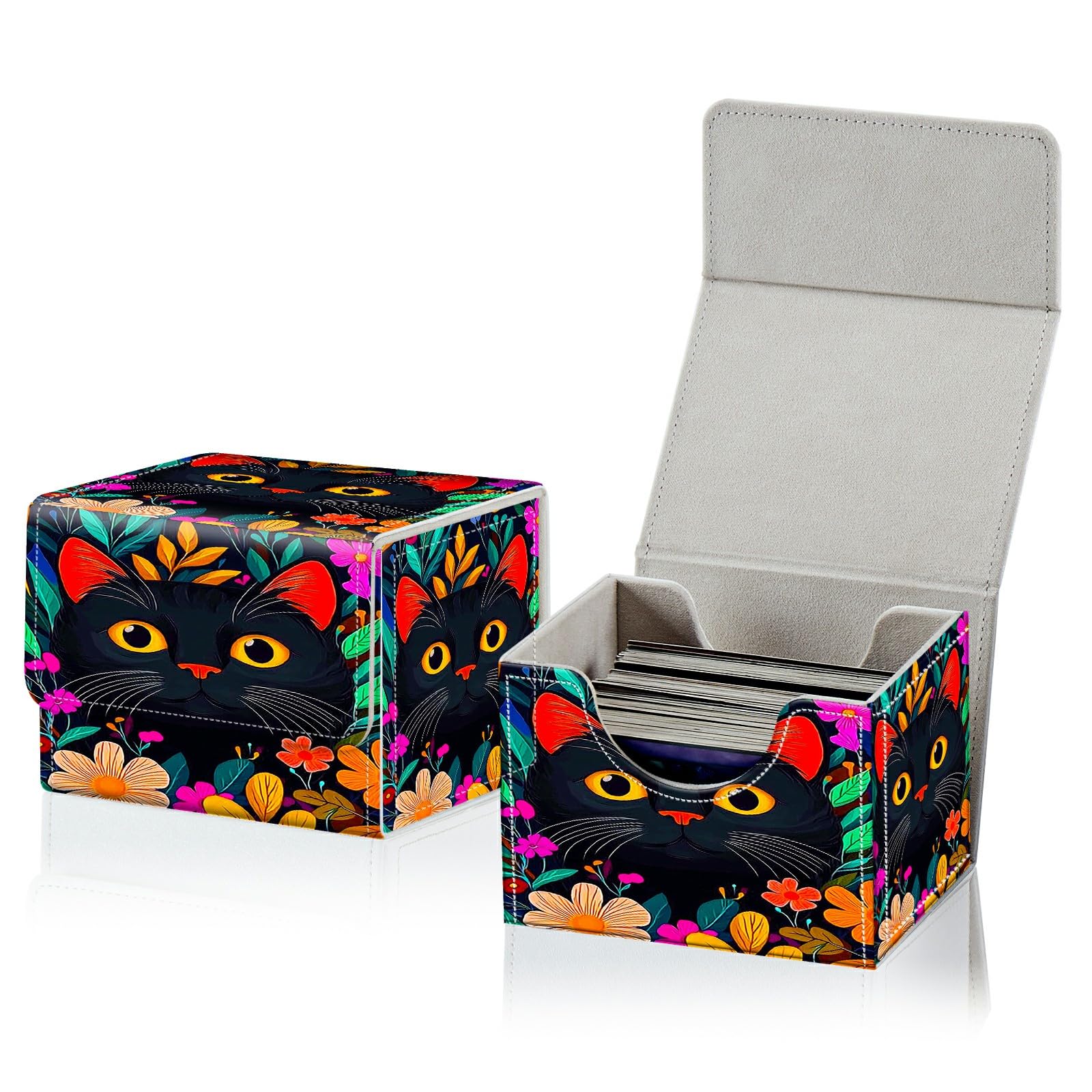 RWUTYTIUL Card Deck Box for MTG, Cards Storage Box Fits 120+ Sleeved, Leather Small Size Strong Magnetic Closing Card Case for Board Games Magic TCG CCG Baseball Collection, Wildflower Black Cat