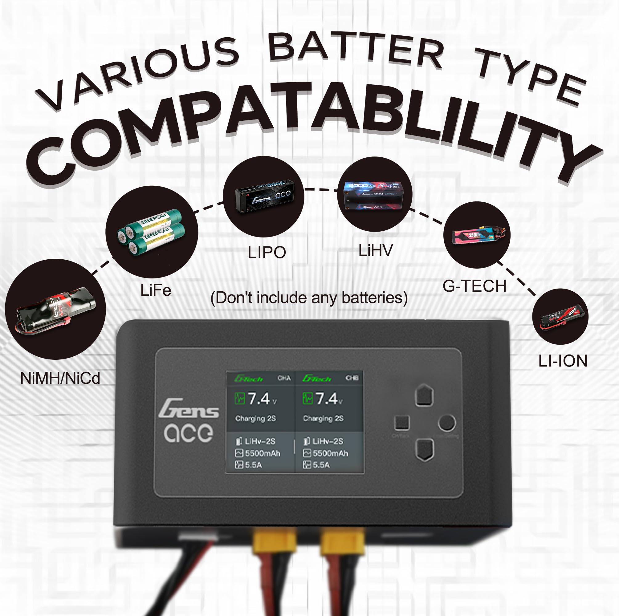 Gens Ace IMARS D300 Lipo Caricabatterie G-Tech Series Smart Dual Lipo Balance Charger AC 300W DC 700W (350W * 2) 16A Dual Channel Charger per batterie Lipo 1s ~ 6s, Life/NiCd/MH/LiHV, Plug&Play (nero)