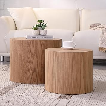 JUSTONE 2-Piece Nesting Coffee Table Set, Round Modern Oak Wooden Living Room Tables for Bedroom & Home Office - No Assembly
