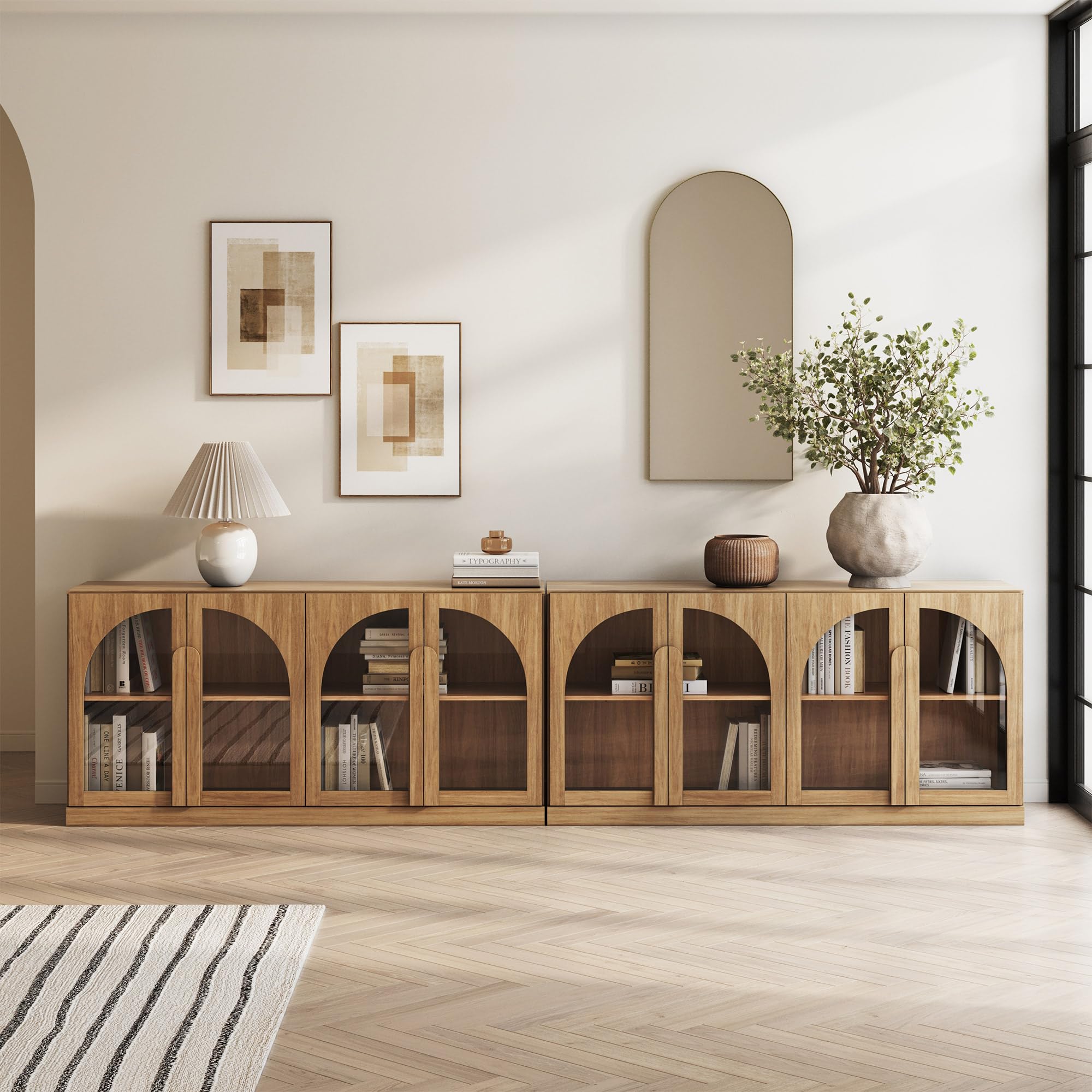 BELLEZE Set of 2 Bijou 64" Modern Buffet Sideboard, Mid-Century Arched Glass Door Cabinet, Wood Grain Console for Living Room, Kitchen, Entryway - Camel