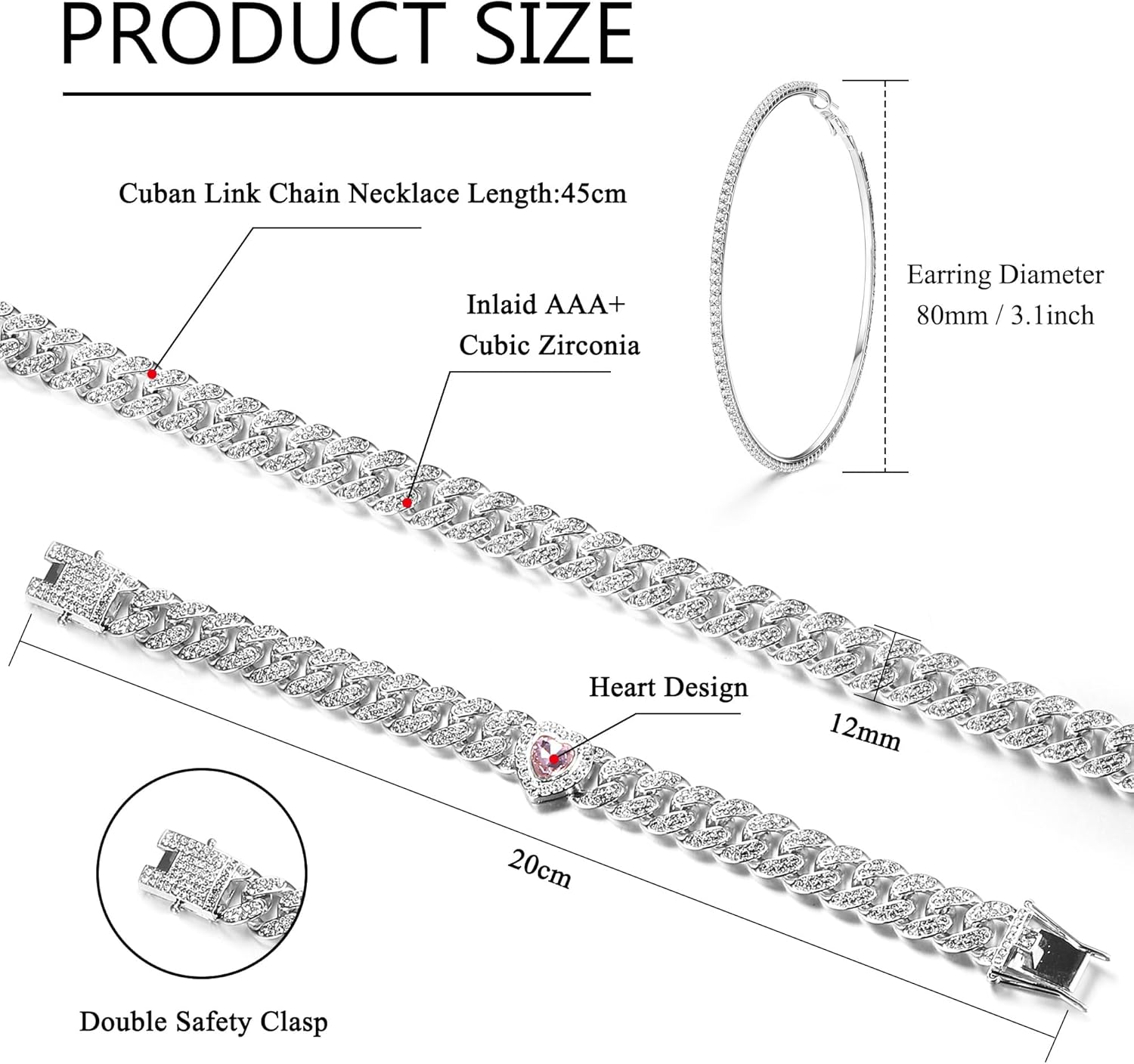 ORAZIO Cuban Link Chain Jewelry Set Cuban Chain Necklace Cuban Link Bracelet Rhinestone Hoop Earrings Gold/Silver Iced Out Chain Heart CZ Clear Cuban Link Chain Big Circle Earrings Hip Hop Cuban Link Chain For Women - Image 2