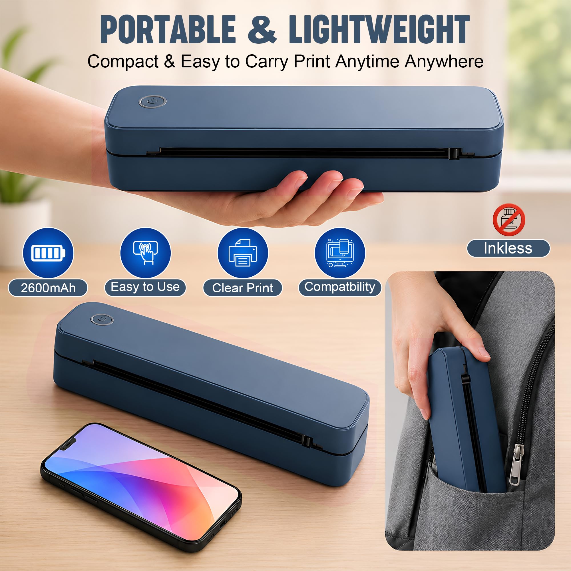 Imprimante thermique portable A4 compatible avec iOS, application Android AI, ordinateur portable – Imprimante Bluetooth sans encre 300 feuilles à pleine charge – Petites imprimantes sans fil 300 DPI