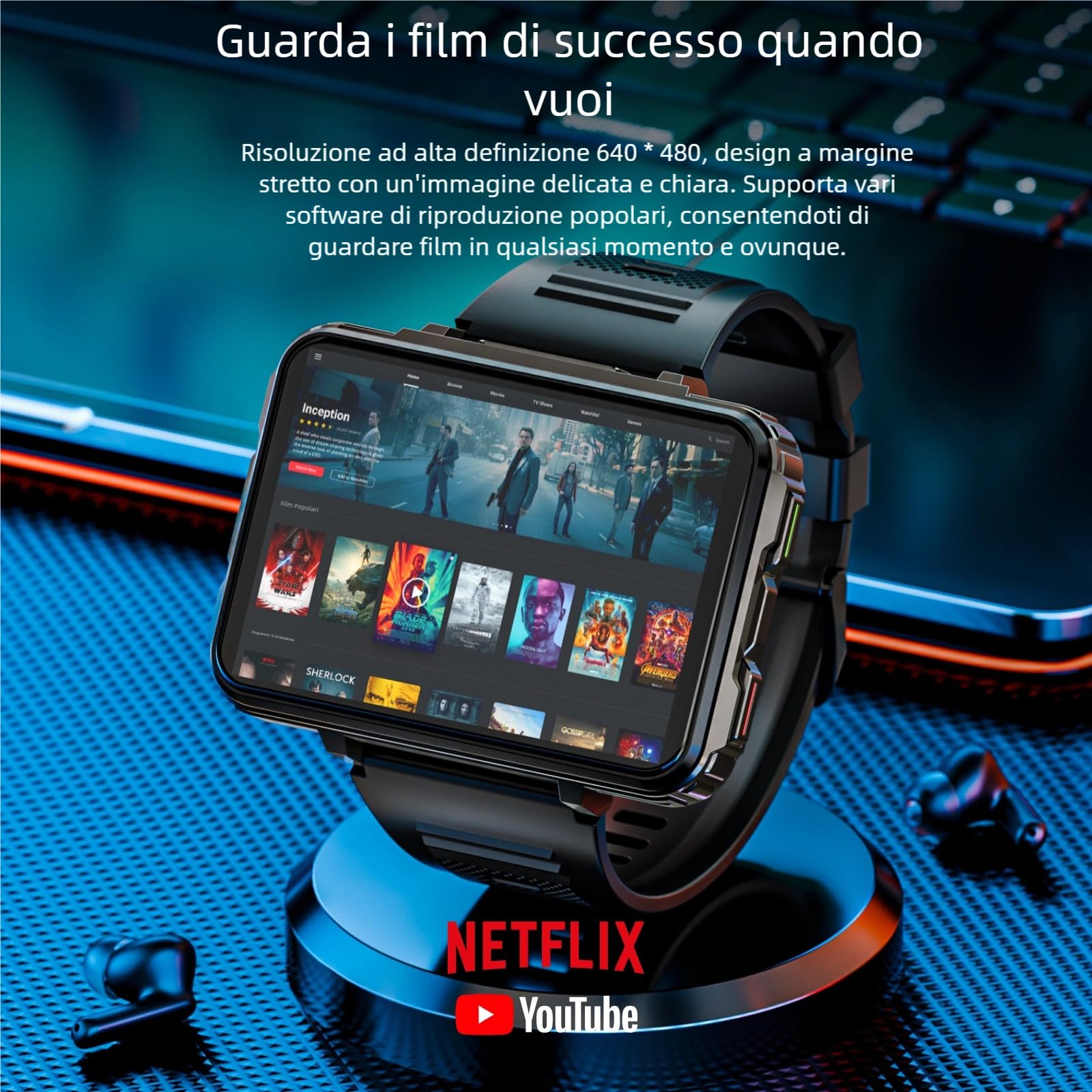 LOKMAT Smart Watch 4G, Chiamata Smartwatch Android da 6 GB+128 GB, Orologio sportivo con schermo grande da 2,4" 1500 mAh Doppia fotocamera WiFi Bluetooth GPS Smart Watch da uomo