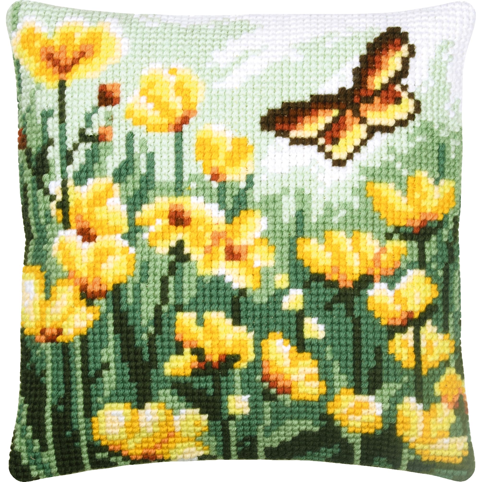 VERVACO Zestaw do Haftu Krzyżykowego Poduszka MOTYLE I KWIATY Kanwa z Nadrukiem 40 x 40 cm Gruba Włóczka Akrylowa Zrób to Sam Dekoracja Domu DIY Cross Stitch Kit