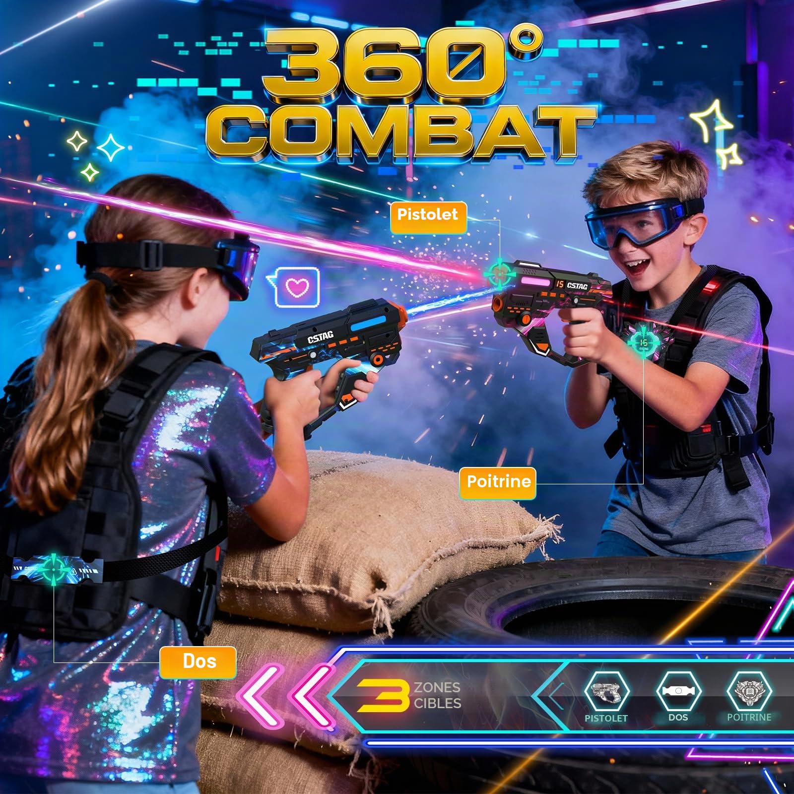 VATOS Ensemble de Laser Tag Rechargeable avec Capteurs 360° pour 4 Joueurs, Infrarouge 2,4 GHz Affichage de Données en Temps Réel, Jeu de Famille et de Groupe pour Enfants et Adolescents, Cadeau pour