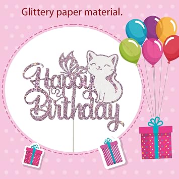 Cat Happy Birthday Cake Topper Butterfly Kitten Pet Themed Birthday Cute Meow Pawty Birthday Party Boy Girl Baby Shower Party Decoration Glitter