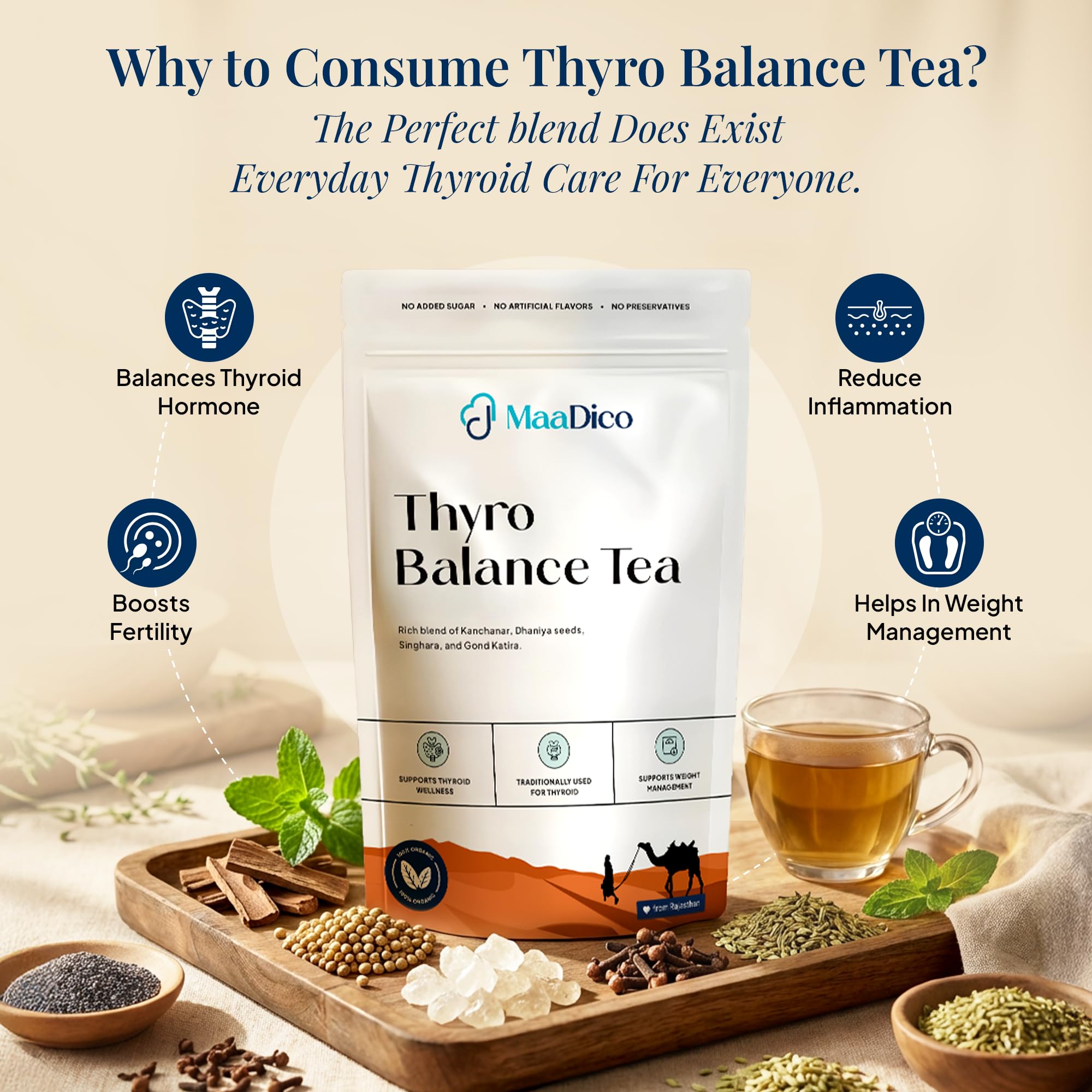 ThyroBalance Tea, 100 Gms | Ayurvedic Herbal Blend for Thyroid & Metabolic Wellness Support | Supports Thyroid Health | No Added Sugar, Artificial Flavours & Preservatives — Amazon image 2