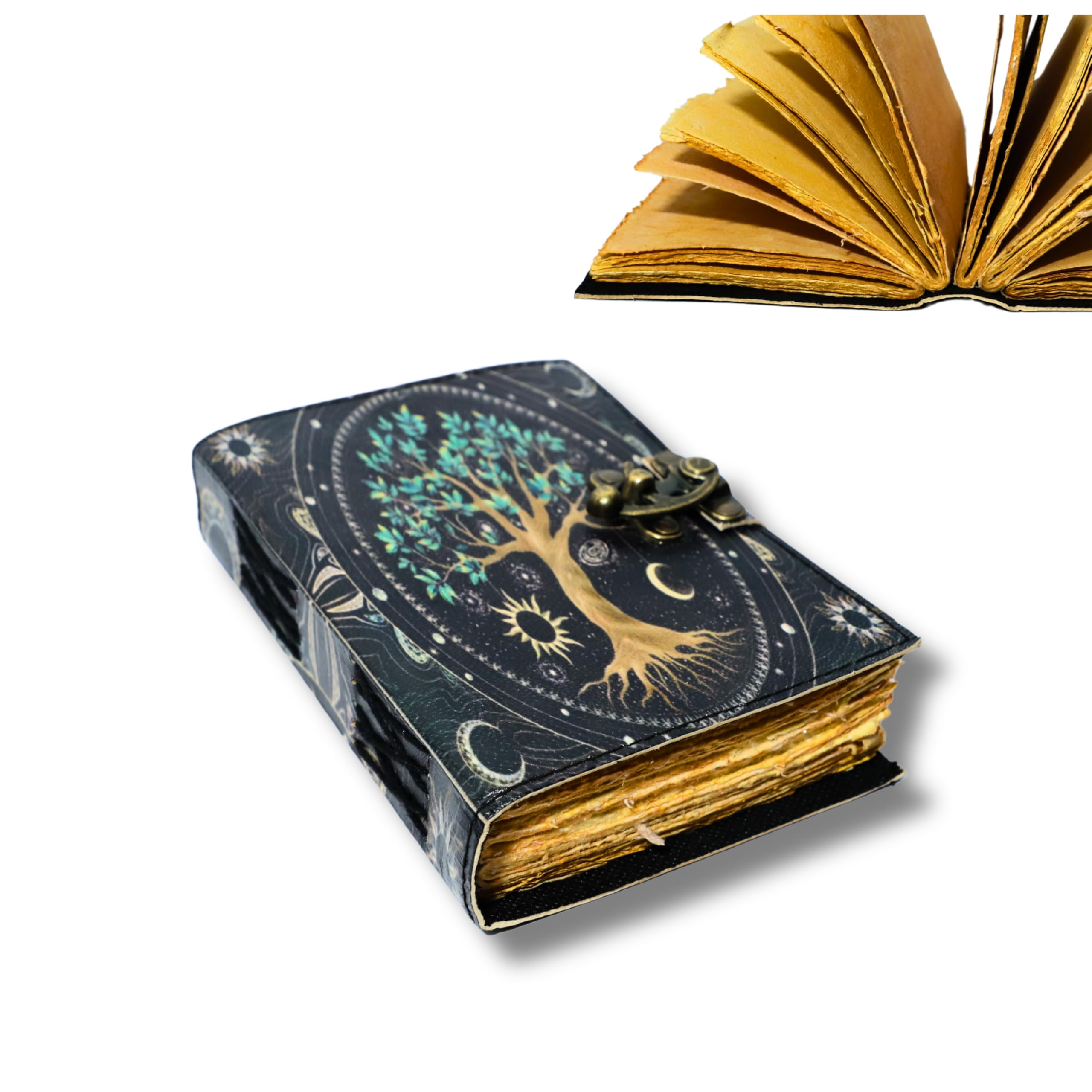 Lebensbaum Leder Tagebuch mit Schloss - Handgefertigtes Vintage Schreibheft 100 Büttenrandseiten - Rustikales Reisetagebuch, Skizzenbuch, Poesiebuch & Geschenk für Schriftsteller, Künstler, Männer