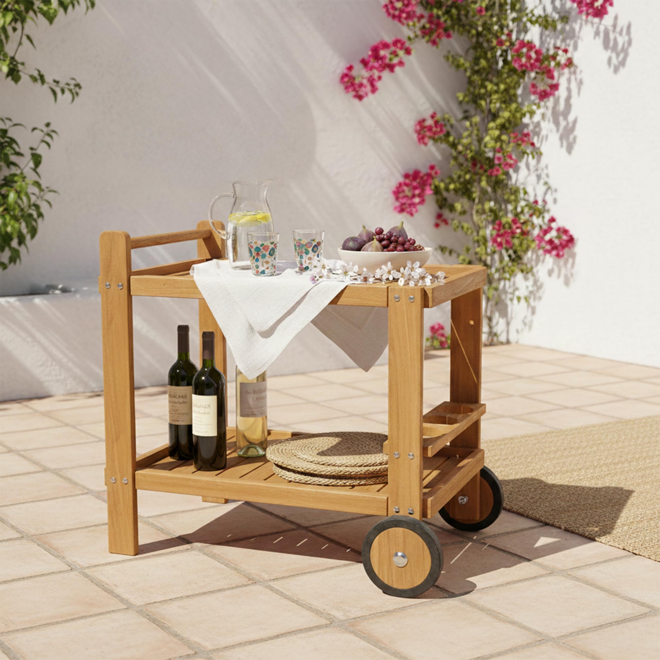 AXI Miri Carro de Servicio de Madera de Teca con 2 estantes y Botellero | con Ruedas para Cocina, Jardin, Balcon, Terraza | para Exteriores/Interiores | 70 x 48 x 70 cm