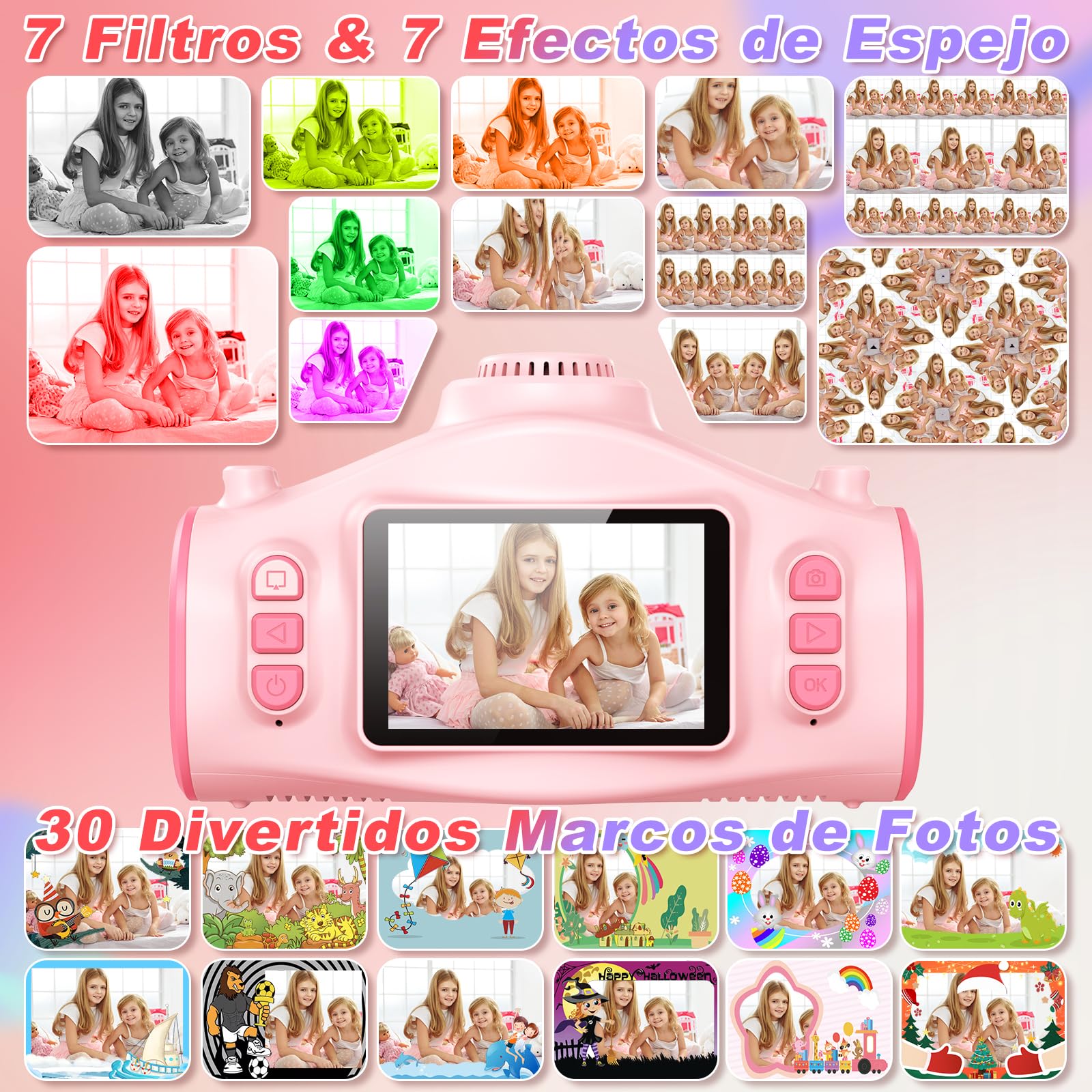 CHAKEYAKE Camara Fotos Infantil con Función de Proyección, 1080P Camara de Fotos para Niños con Trípode, Tarjeta SD 32G, Baterías 2500 mAh, Regalo para Niñas y Niños 3 4 5 6 7 8 9 10 11 12 Años-Rosa