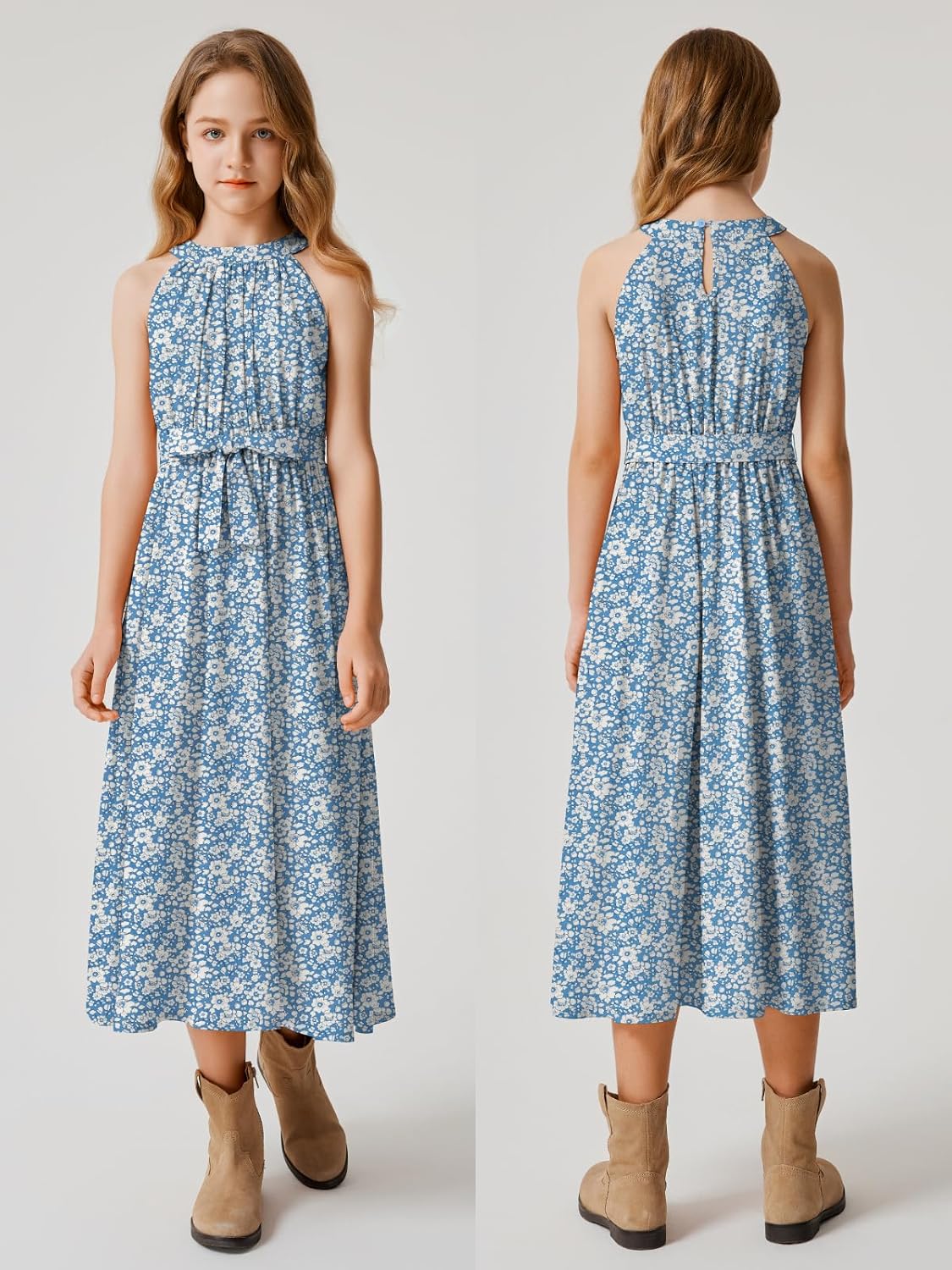 LaBeca Girls Halter Neck Rayon Woven Floral Printed Solid Color High Waist Midi Belted Party Casual Dress with Pocket